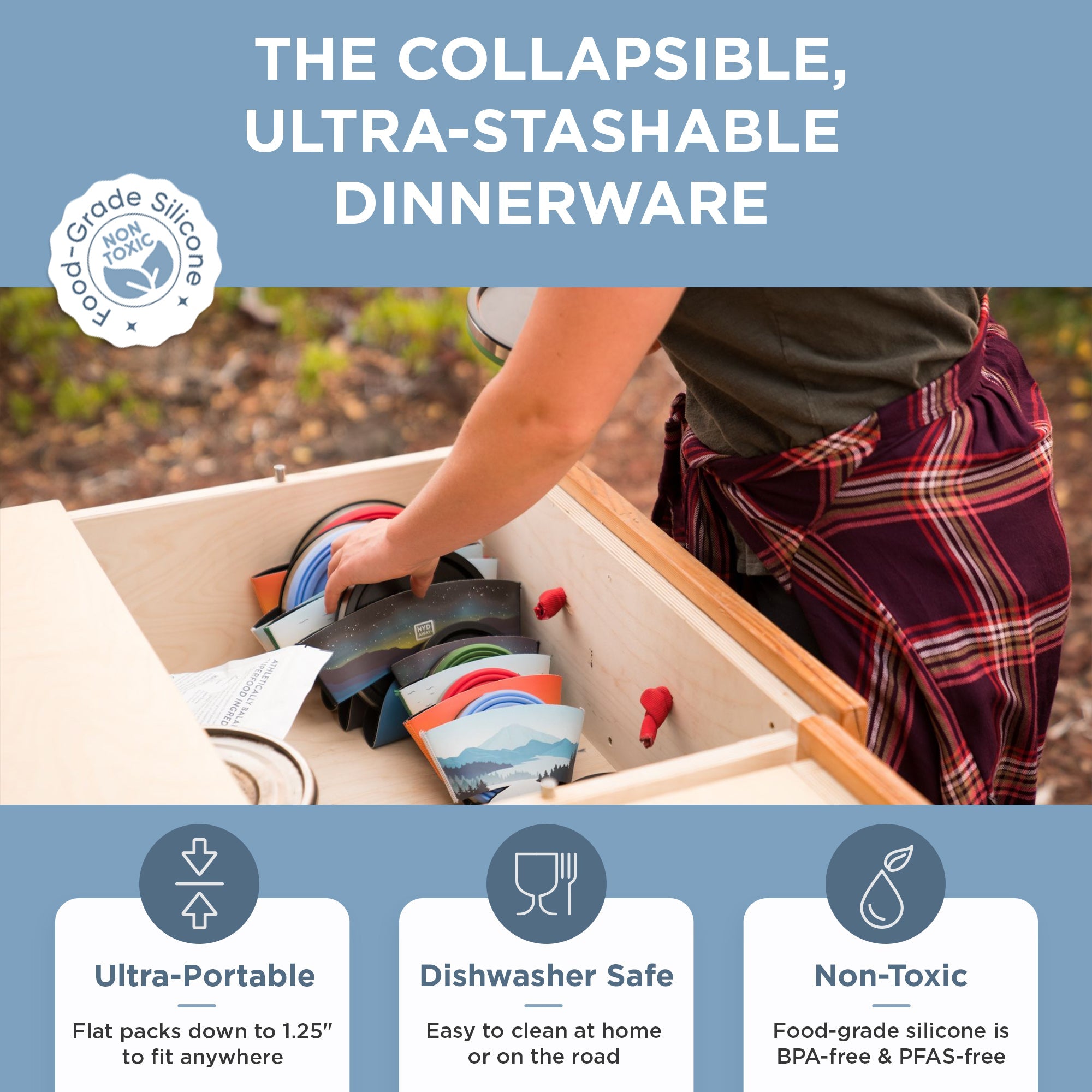 Person organizing collapsible dinnerware in a box with product features highlighted.