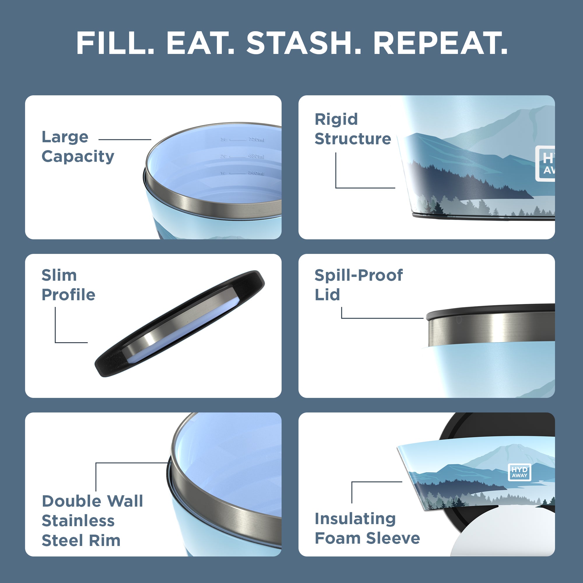 Product features of a blue container with text 'Fill. Eat. Stash. Repeat.' on a white background.