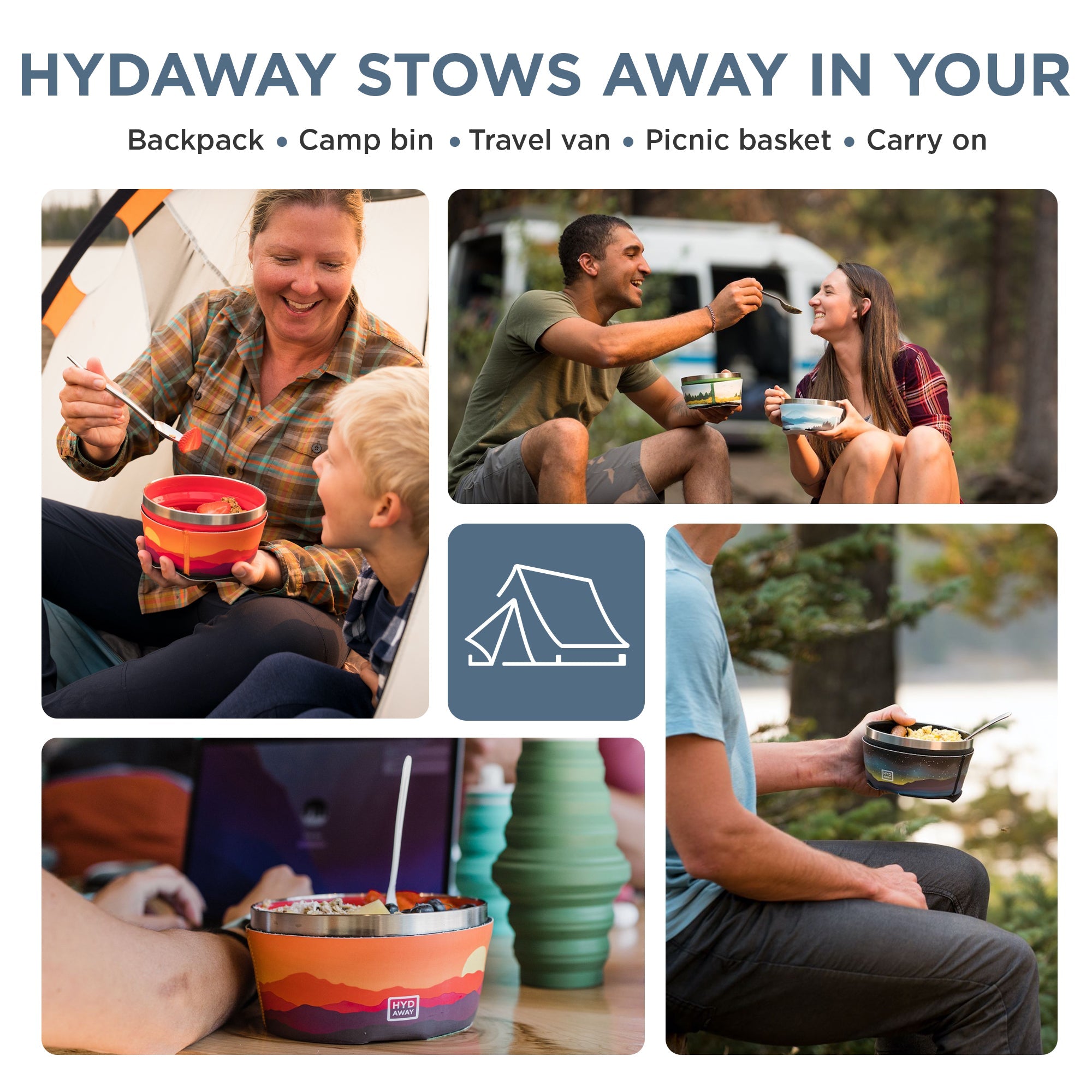 Collage of people using a camping product with text indicating its versatility.