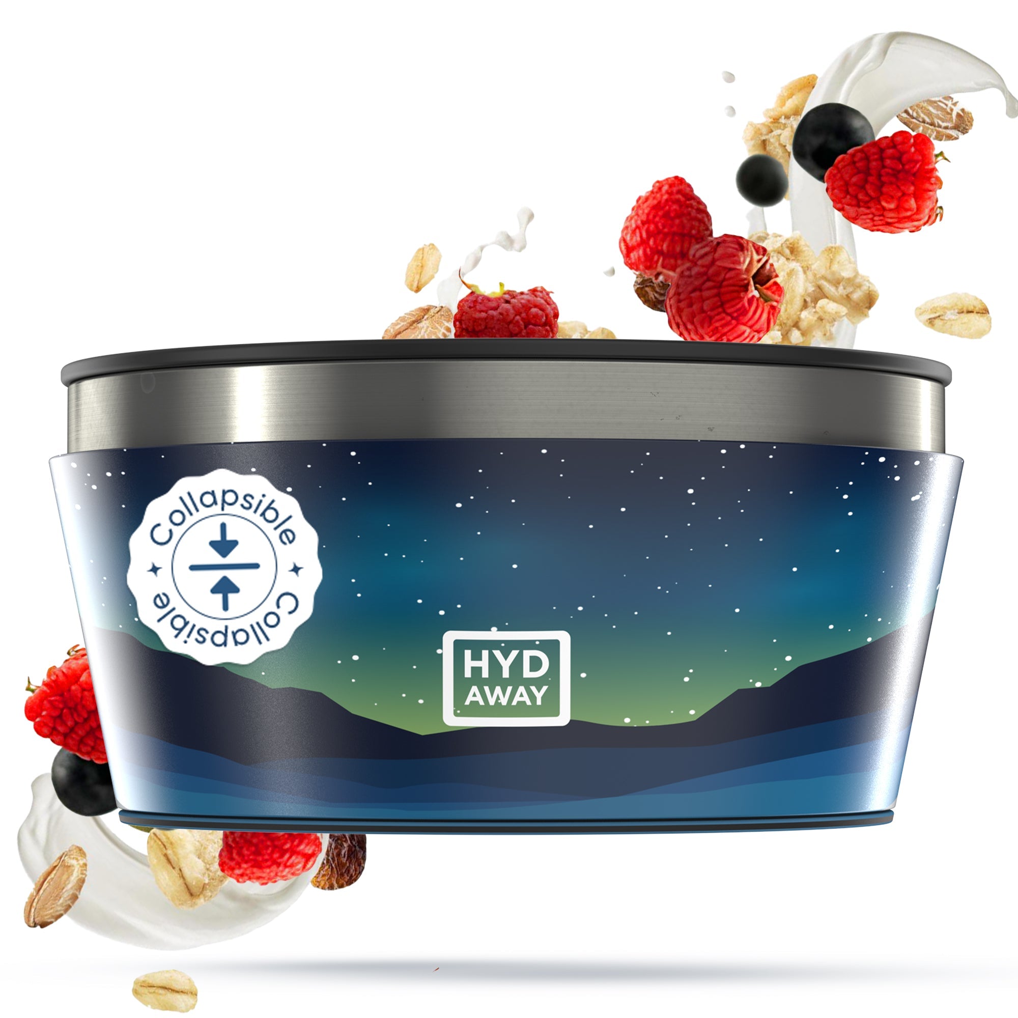 Collapsible container with HYD AWAY branding and fruit and cereal toppings on a white background