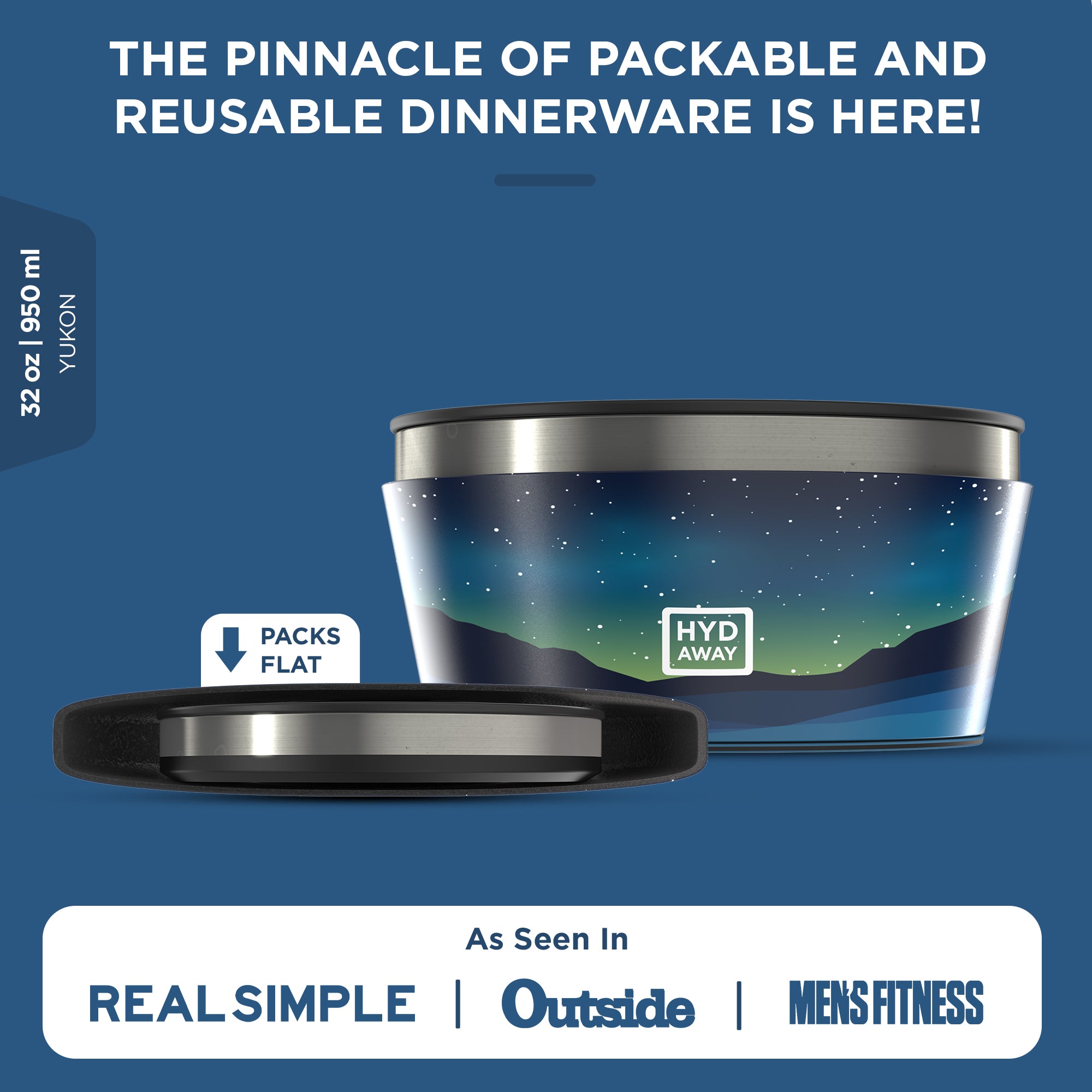 Reusable dinnerware set with starry night design on a blue background, featuring the brand 'Hyd Away'.