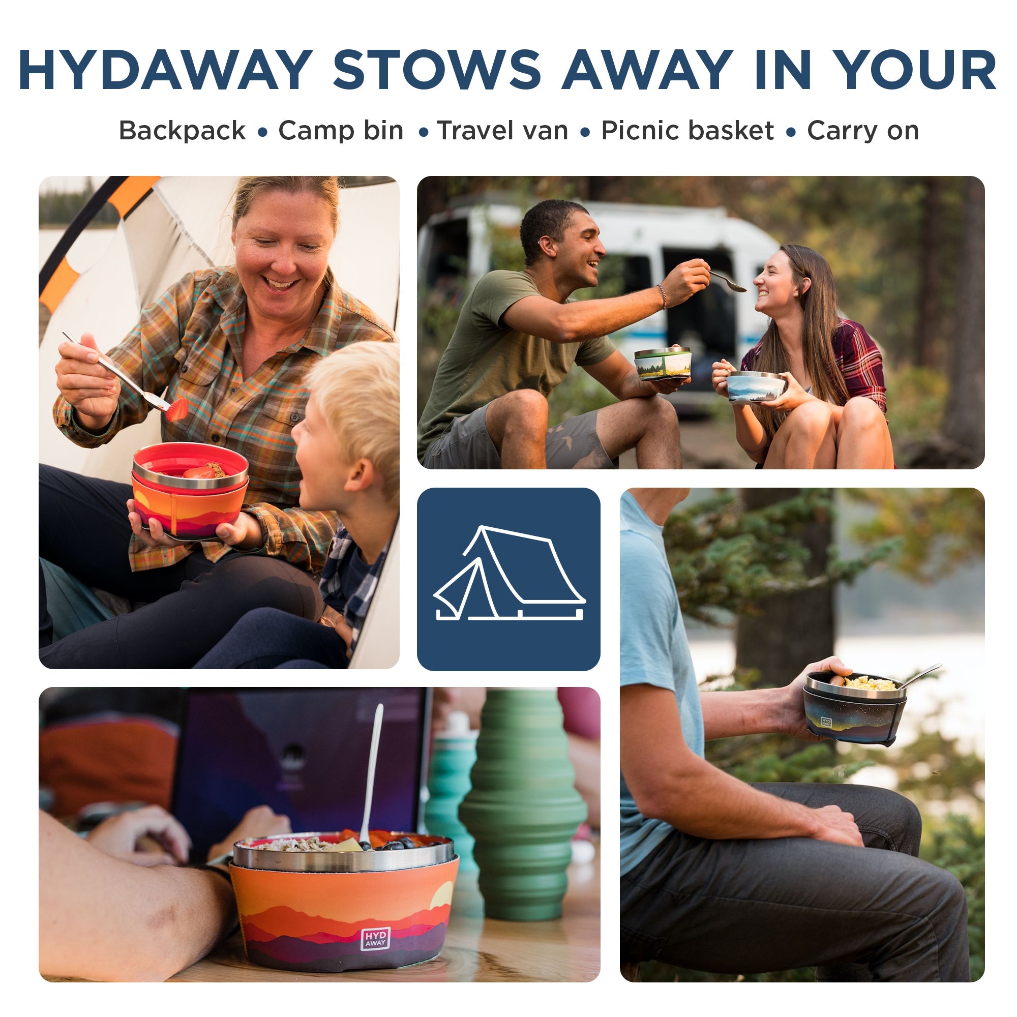 Collage of people using a camping product with text indicating its versatility.