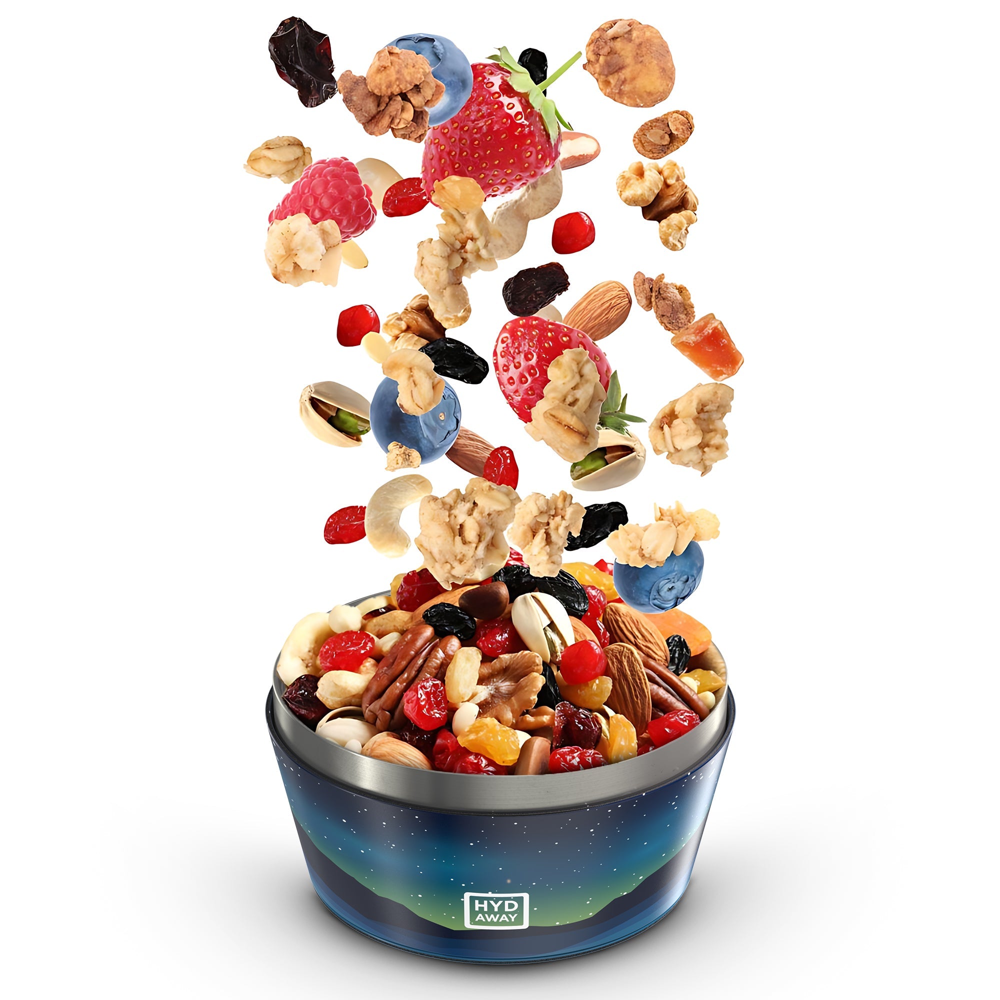 Colorful mix of nuts and berries falling into a blue bowl with HYD AWAAY branding on a white background.