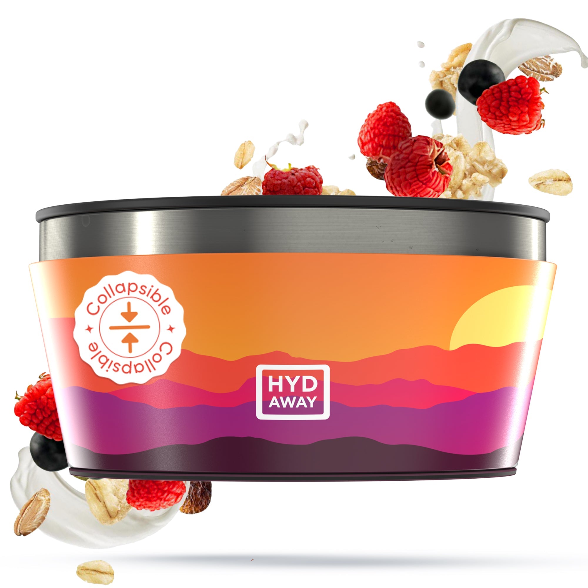 Collapsible container with colorful design and 'HYD AWAY' branding, surrounded by berries and cereal.