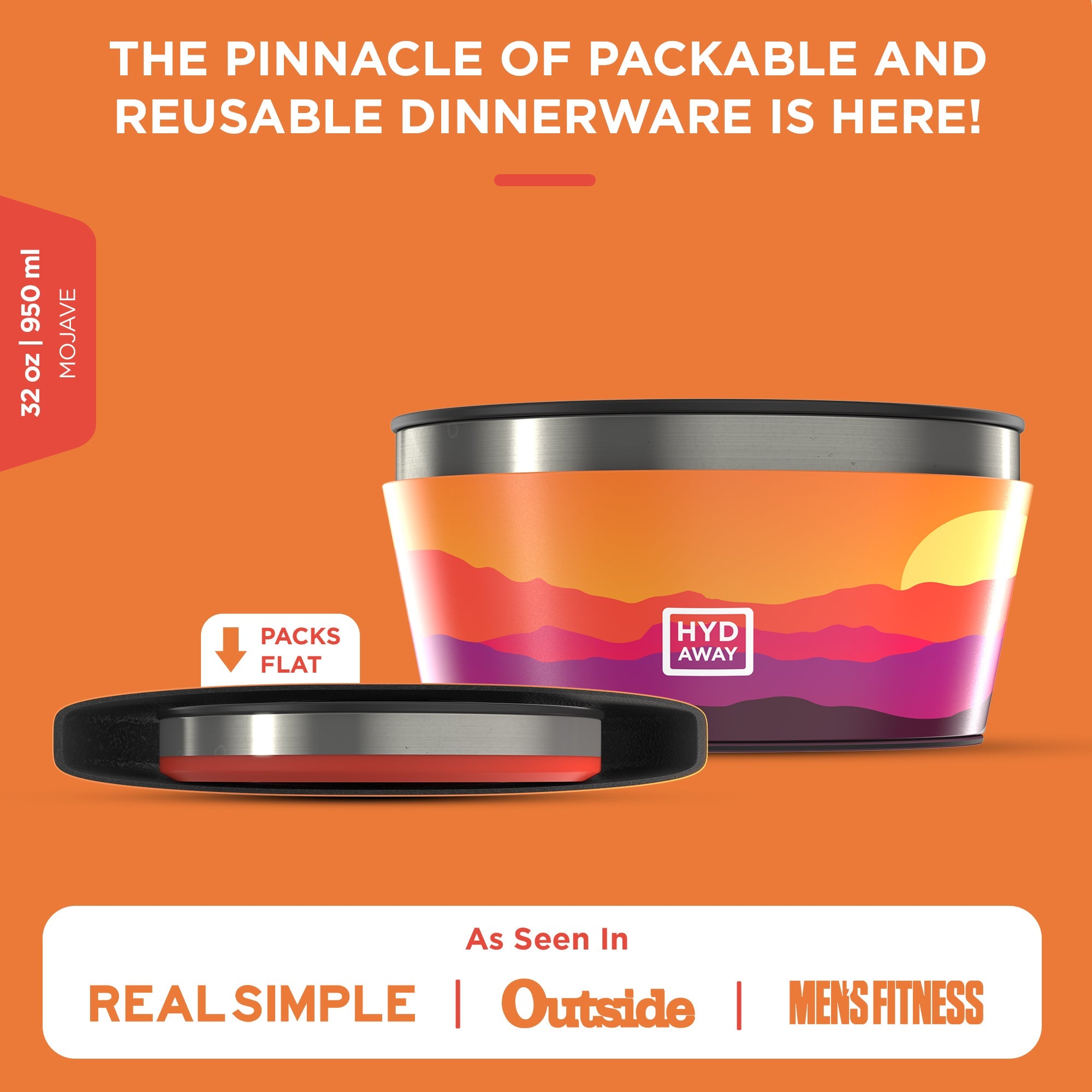 Reusable dinnerware set with colorful design on an orange background, featuring the brand 'Hyd Away'.