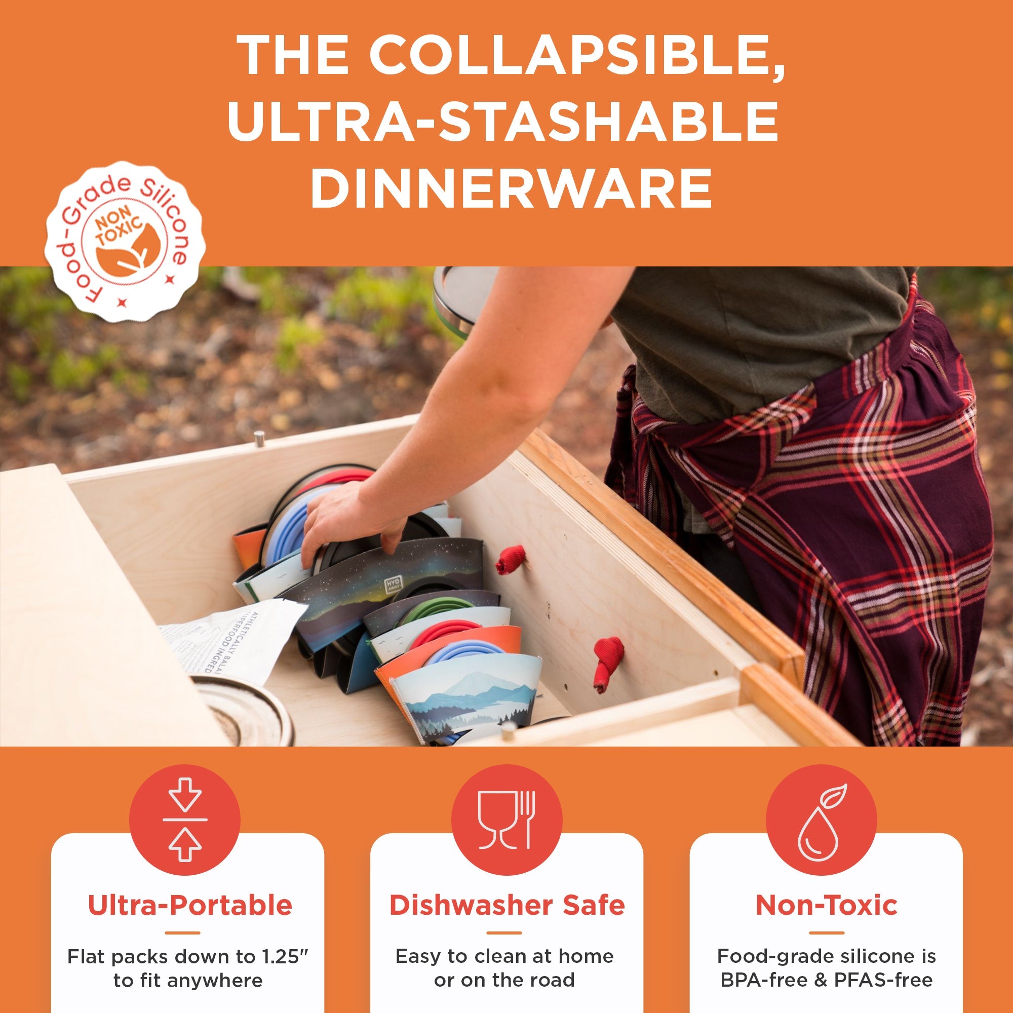 Person organizing collapsible dinnerware in a box with product features highlighted.