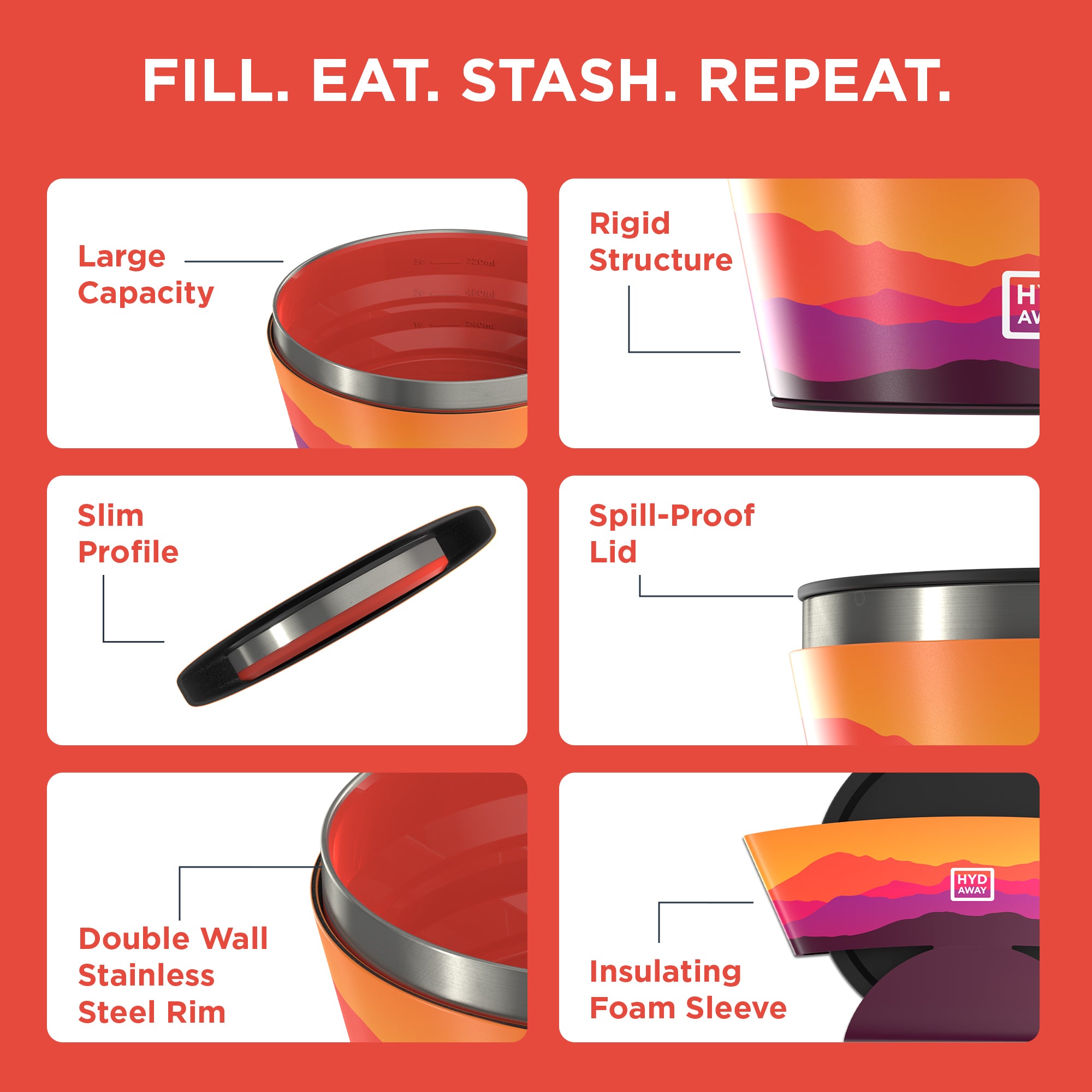 Product features of a orange and black container with text on a red background