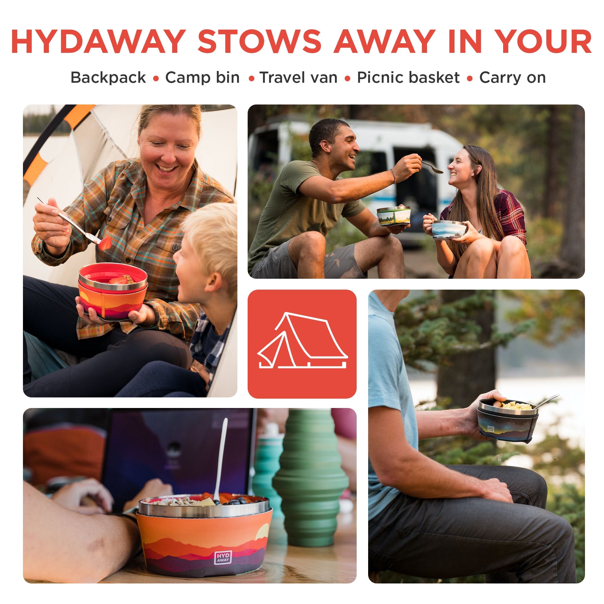 Promotional image for a product with camping scenarios and a tent icon.