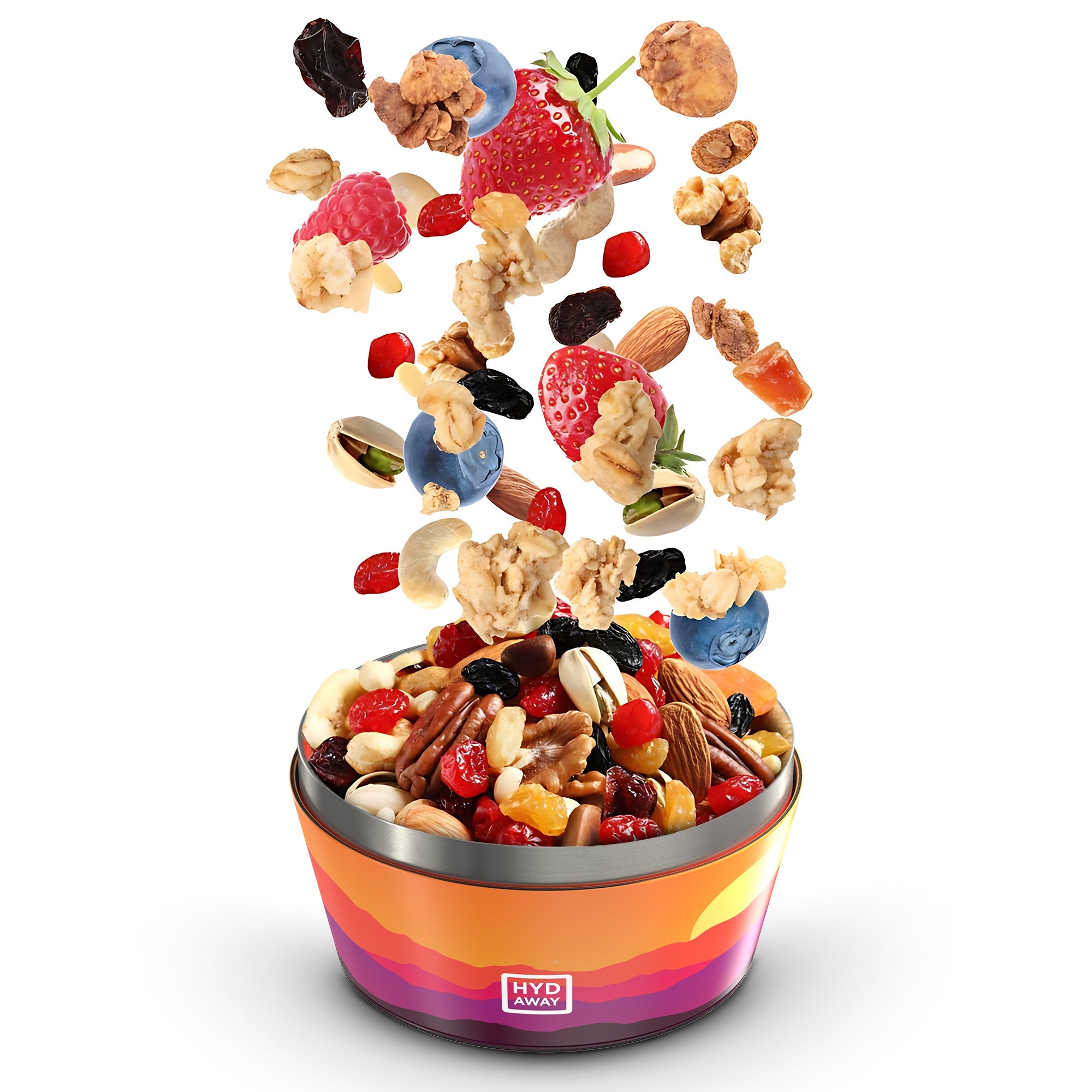 Colorful bowl of mixed nuts and fruits with HYD AWAY logo on a white background
