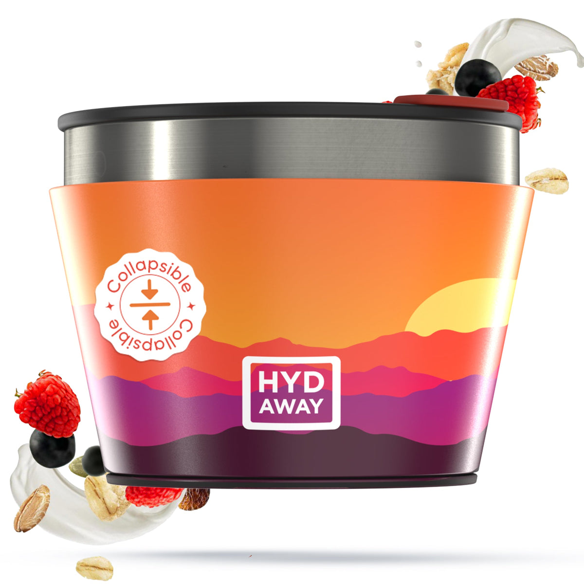 Collapsible cup with colorful design and 'HYD AWAY' branding on a white background