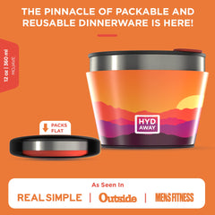 Reusable dinnerware container with sunset design on an orange background, featuring the brand 'Hyd Away'.