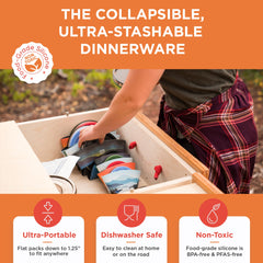 Person organizing collapsible dinnerware in a box with product features highlighted.