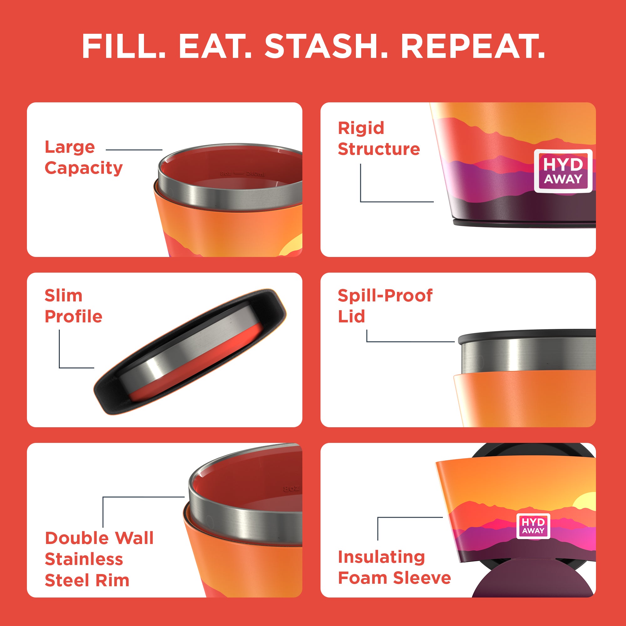 Promotional graphic of a product with features labeled on a red background