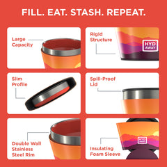 Promotional graphic of a product with features labeled on a red background