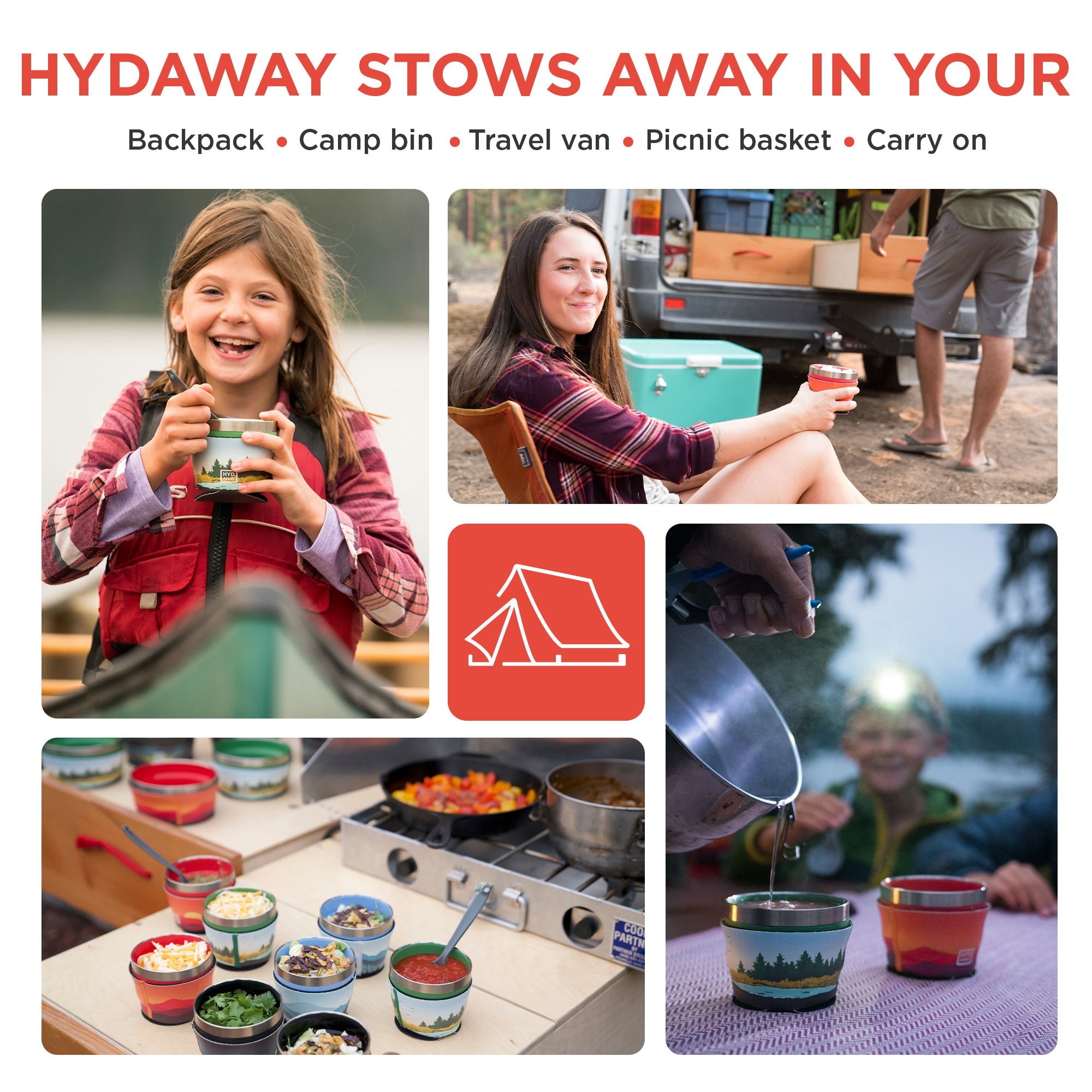 Collage of people using camping utensils with text about Hydaway products.