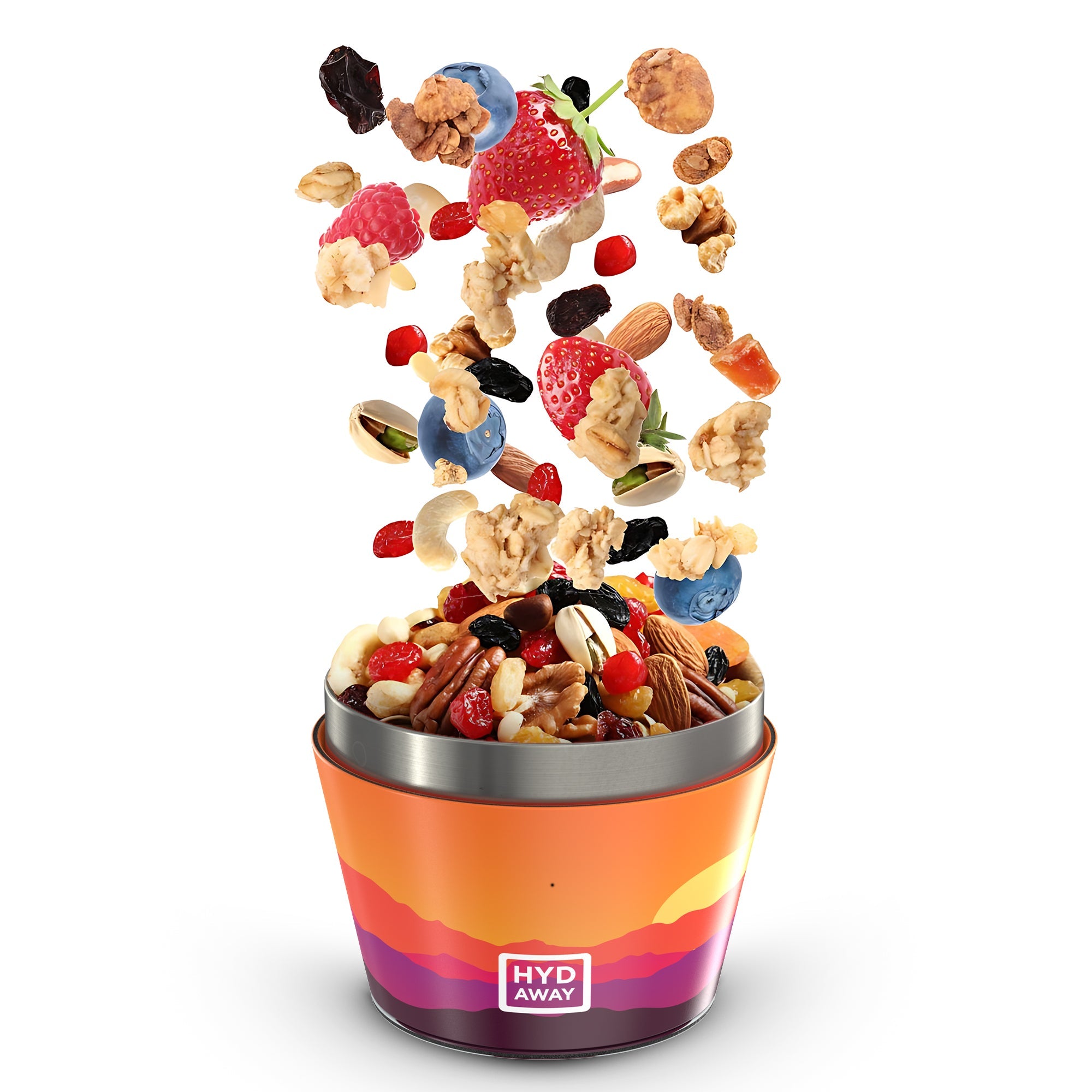Colorful trail mix spilling out of a container with HYD AWAY branding on a white background