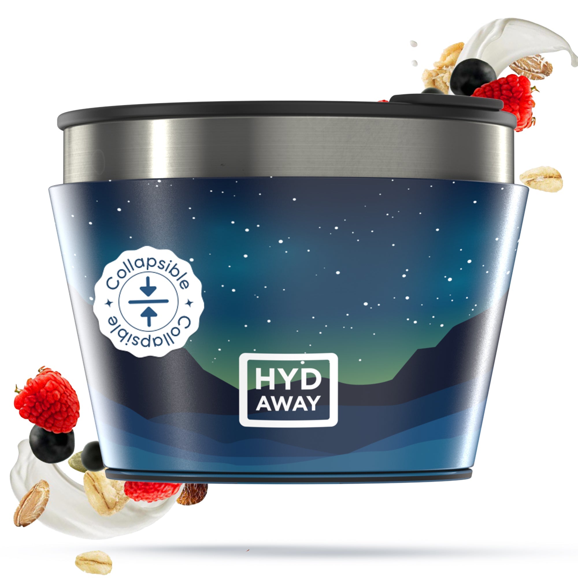 Collapsible cooler bag with 'HYD AWAY' branding on a white background
