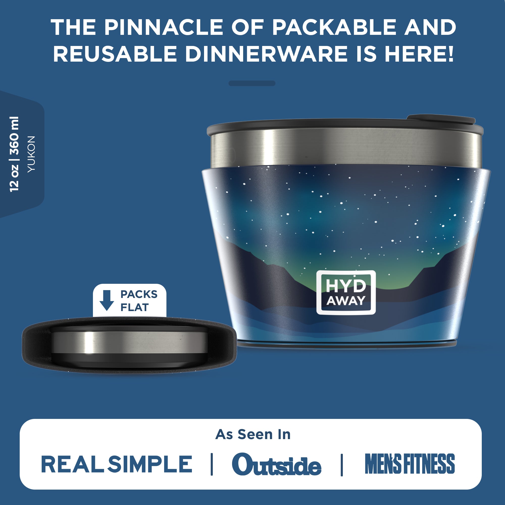 Reusable dinnerware container with starry night design on a blue background