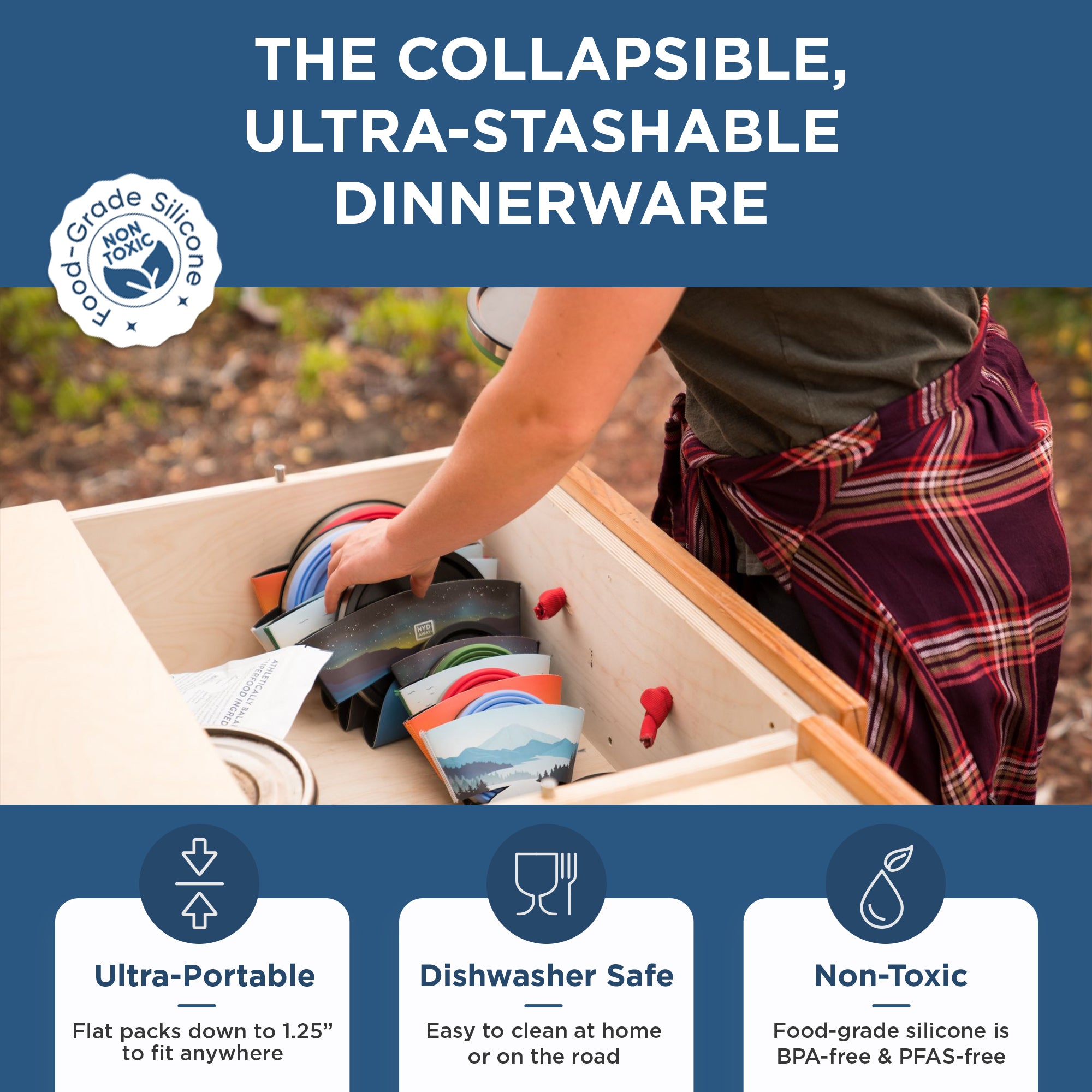 Person organizing collapsible dinnerware in a box with product features highlighted.