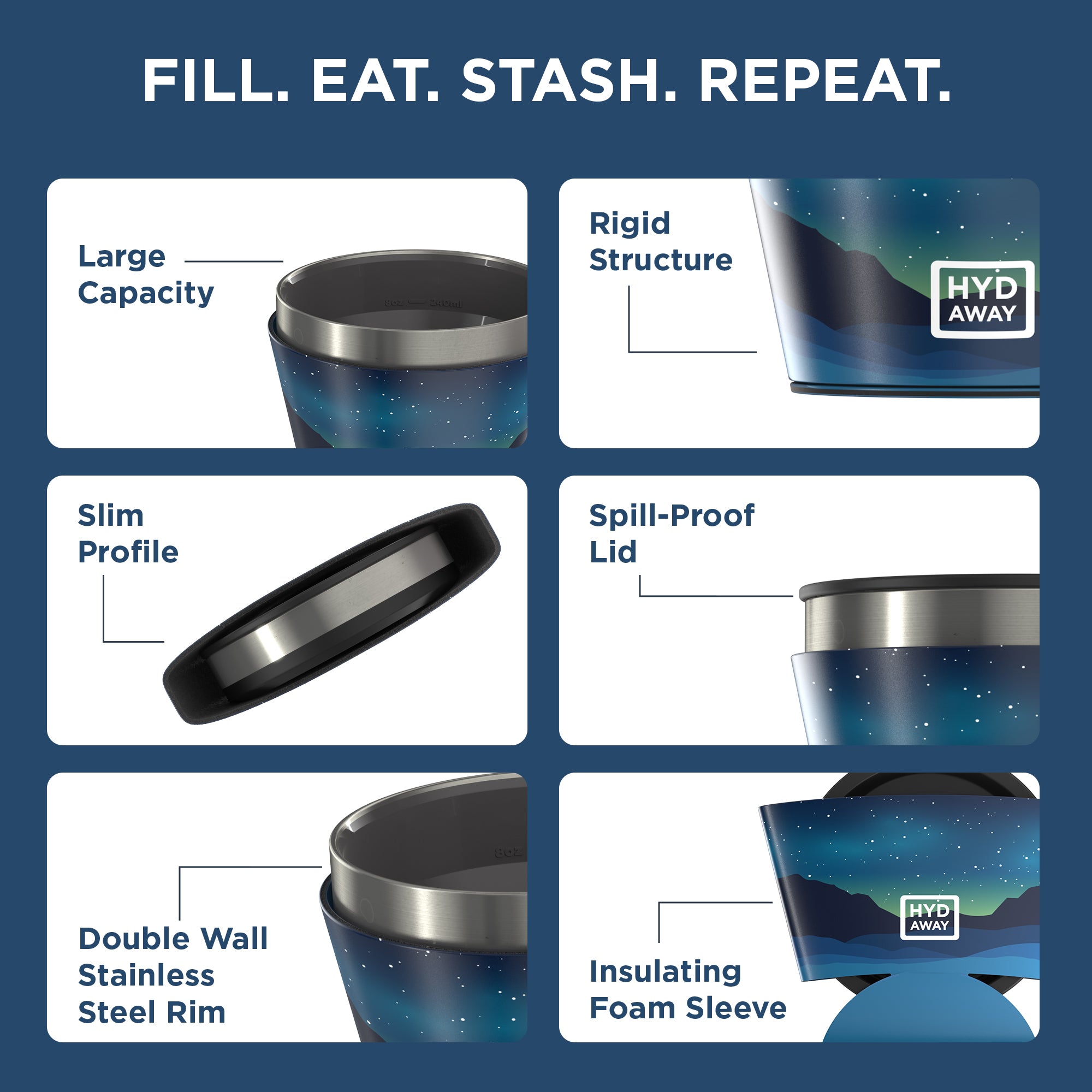 Product features of a thermos with text 'Fill. Eat. Stash. Repeat.' on a blue background.