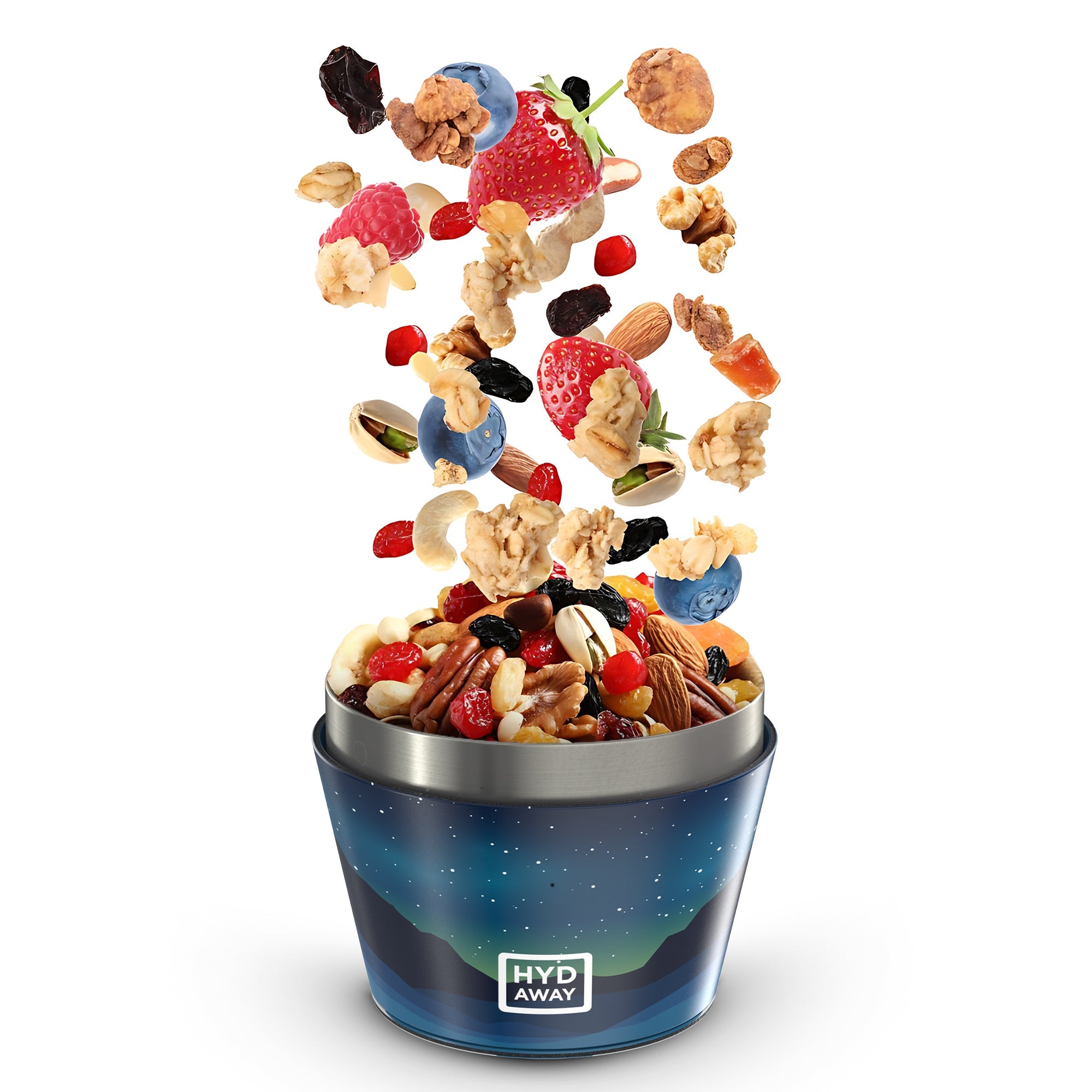 Mixed nuts and berries spilling out of a blue container with 'HYD AWAY' branding on a white background.