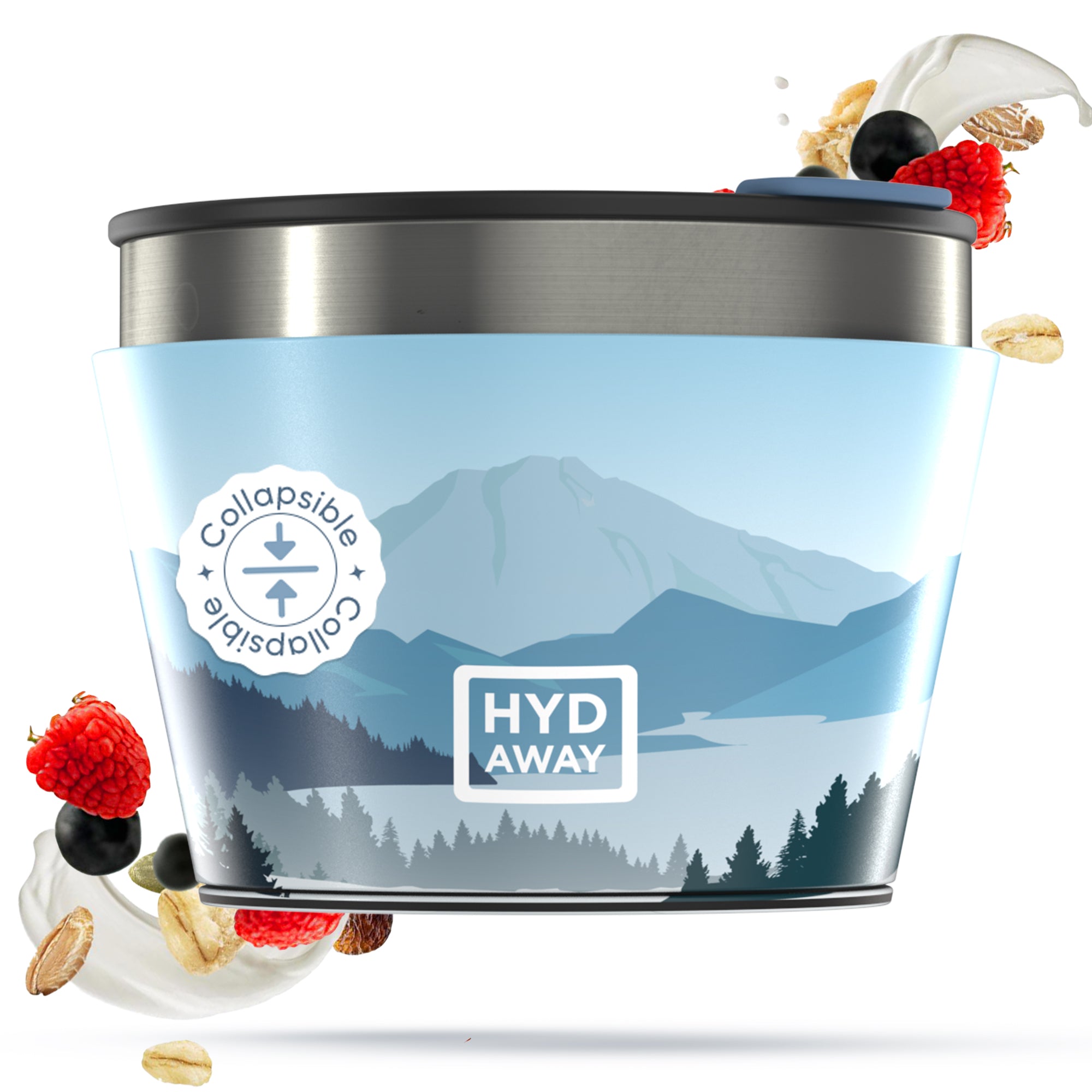 Collapsible container with mountain design and 'HYD AWAY' branding on a white background