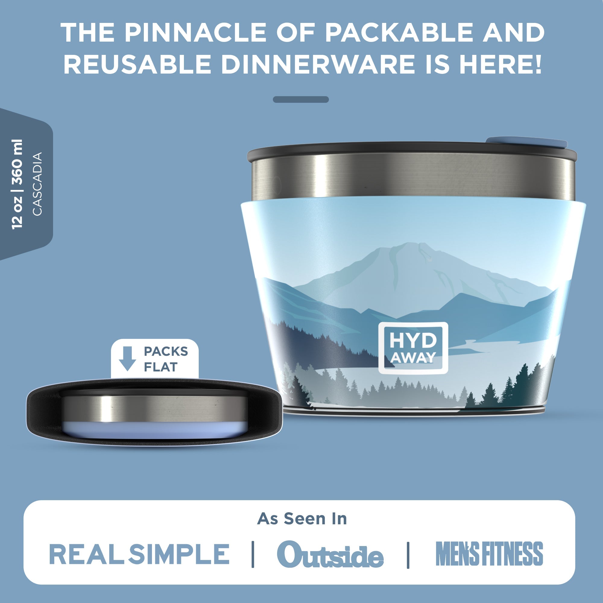 Reusable dinnerware container with mountain design and Hyd Away branding on a blue background.
