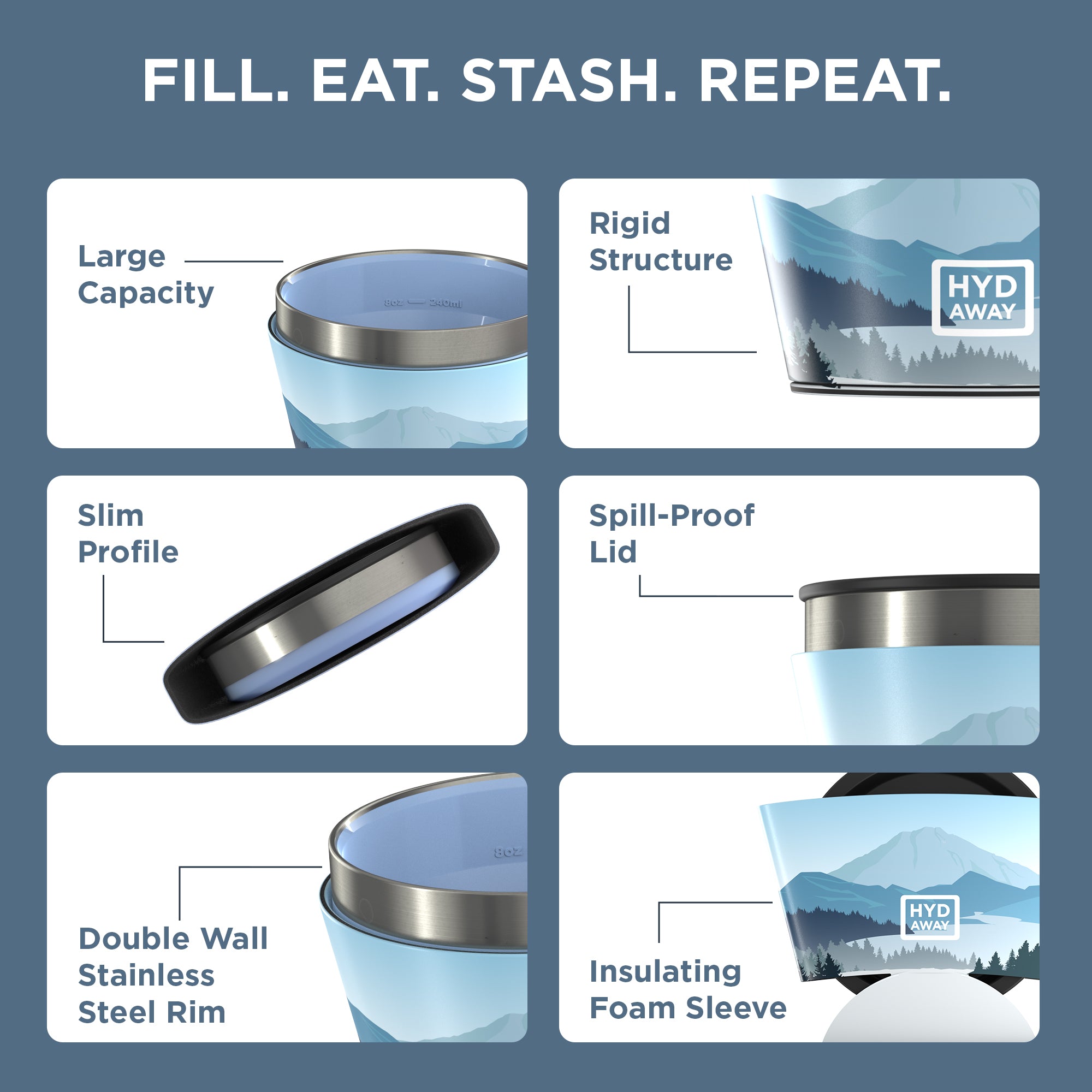 Product features of a container with text 'Fill. Eat. Stash. Repeat.' on a blue background.