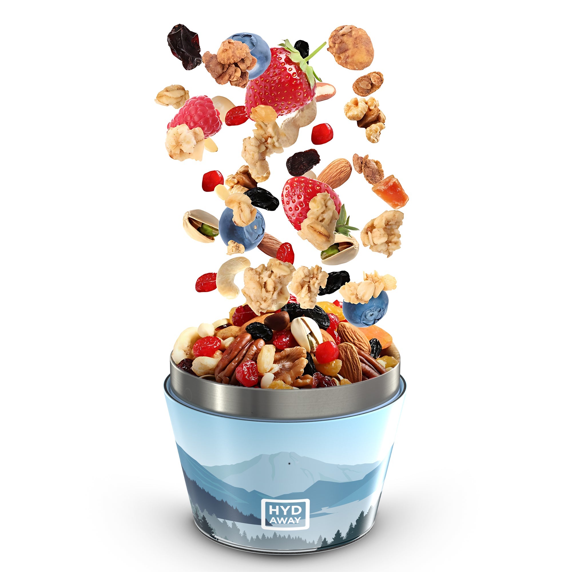 Trail mix spilling out of a blue and white container with 'HYD AWAY' branding on a white background.