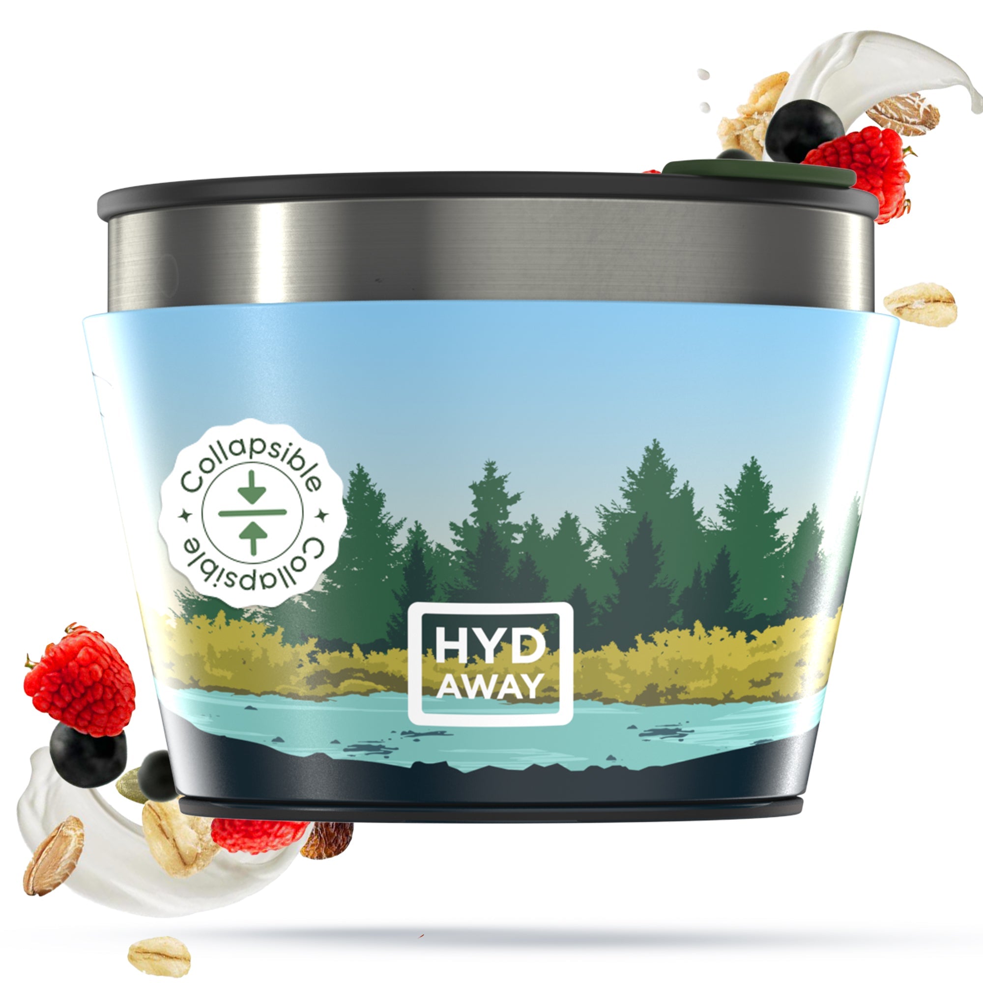 Collapsible cup with nature design and 'HYD AWAY' branding on a white background