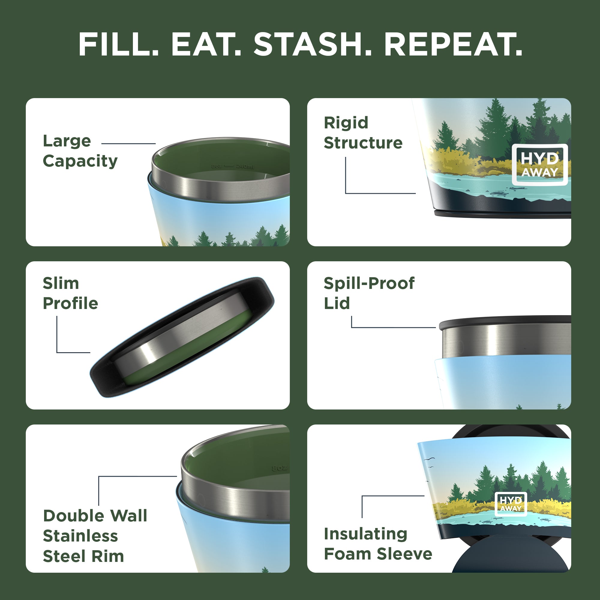 Product features of a container with text 'Fill. Eat. Stash. Repeat.' on a green background.