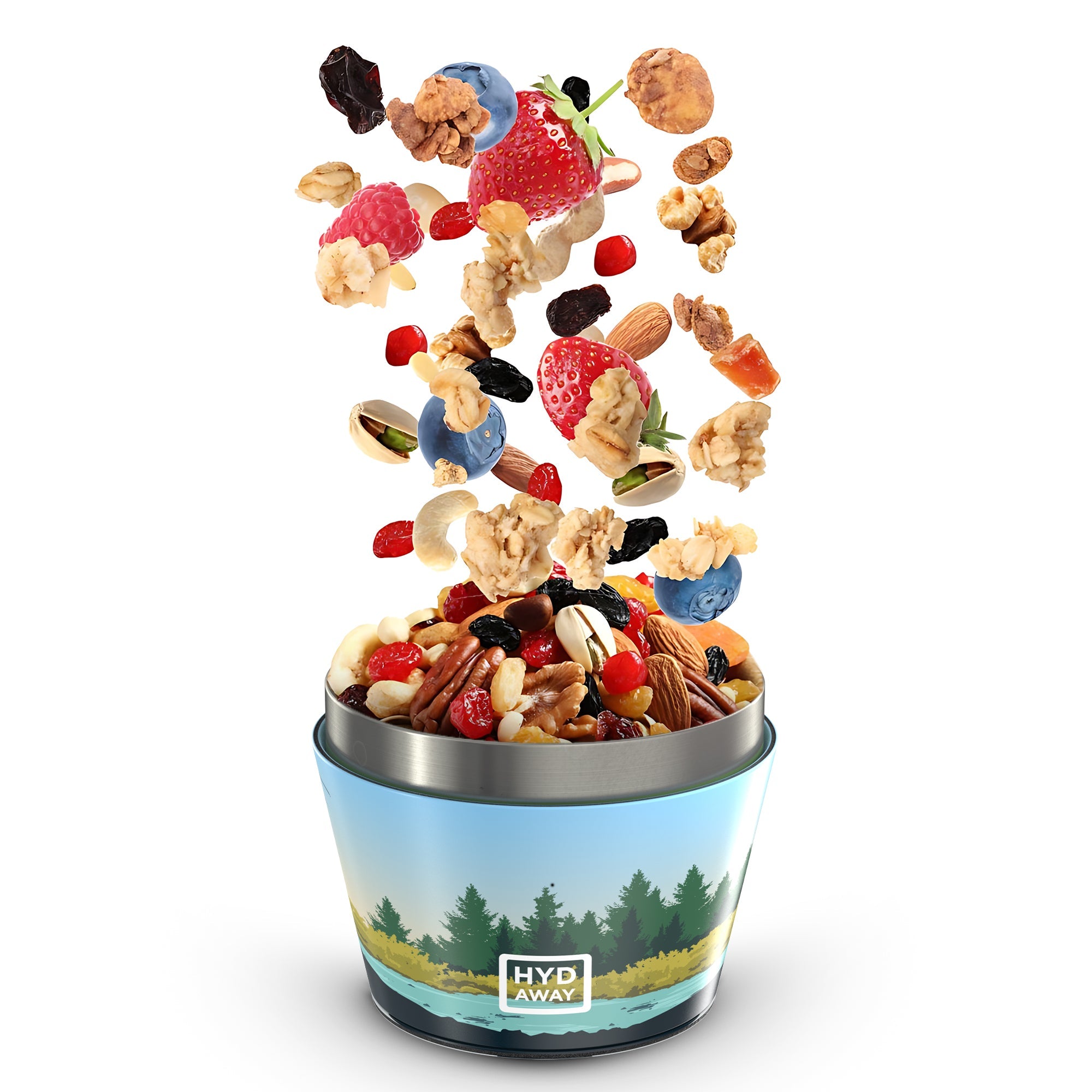 Trail mix spilling out of a container with a scenic design on a white background