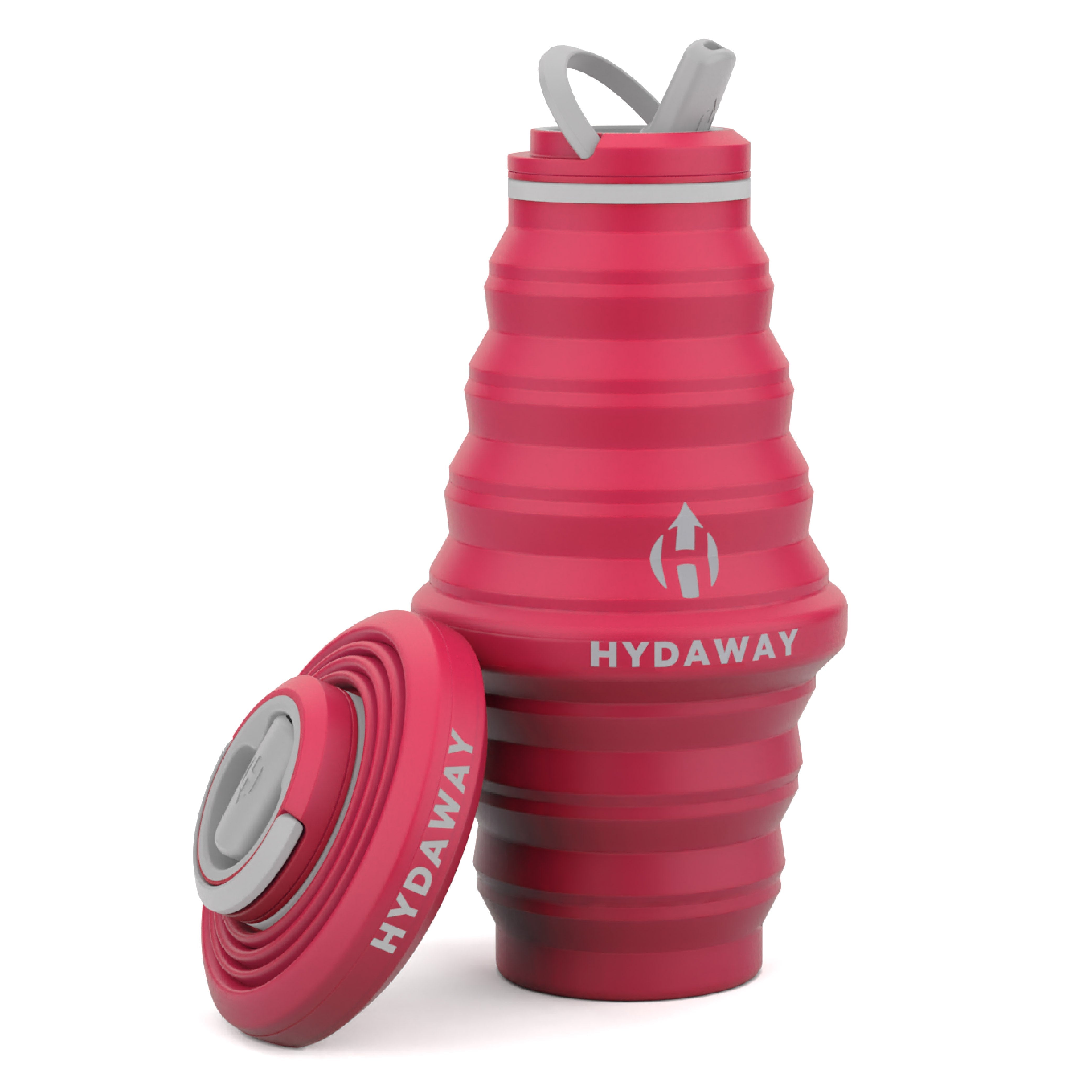 Pink collapsible water bottle with 'Hydaway' branding on a white background