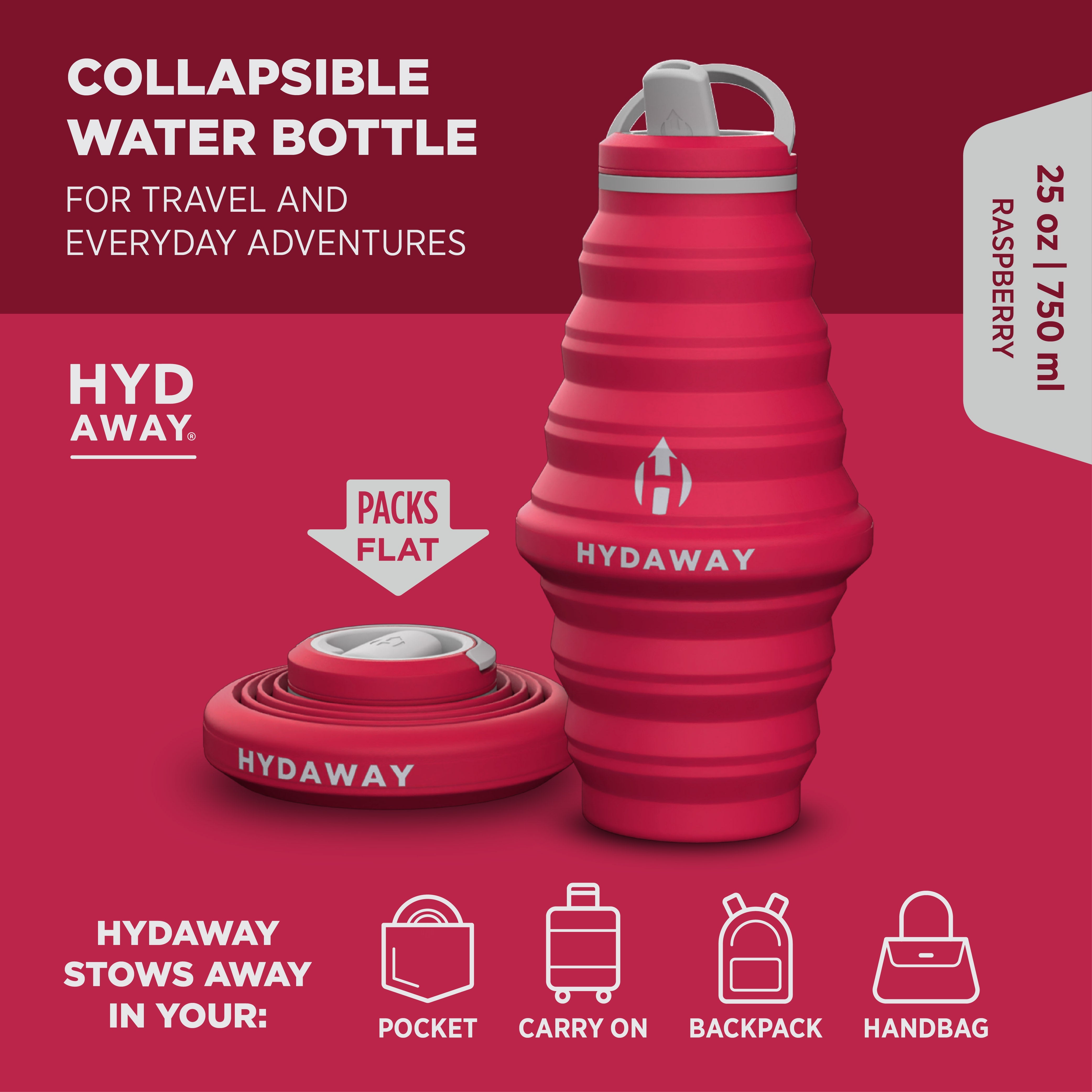 Collapsible water bottle by Hyd Away on a red background