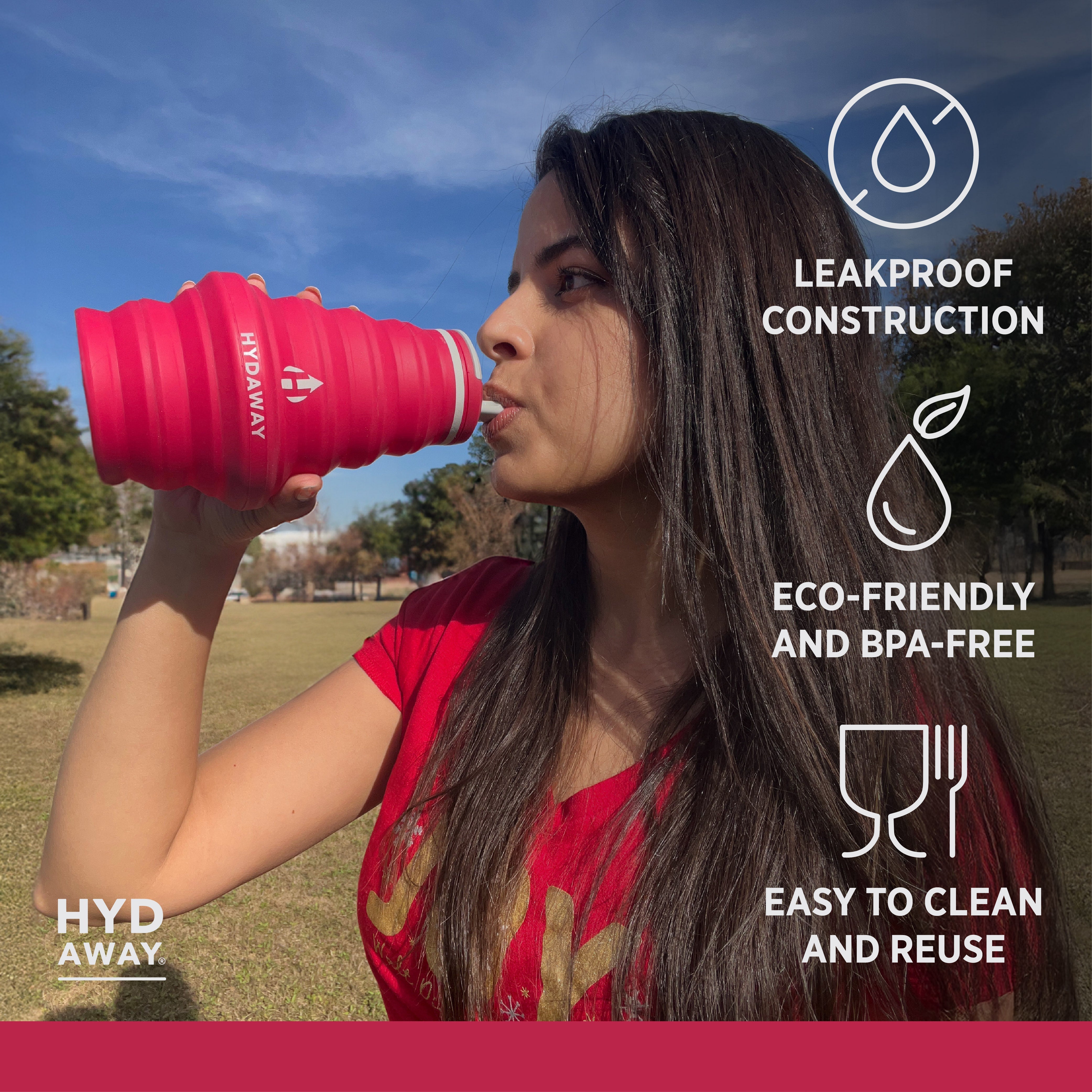 Woman drinking from a pink collapsible water bottle with features listed on the right.