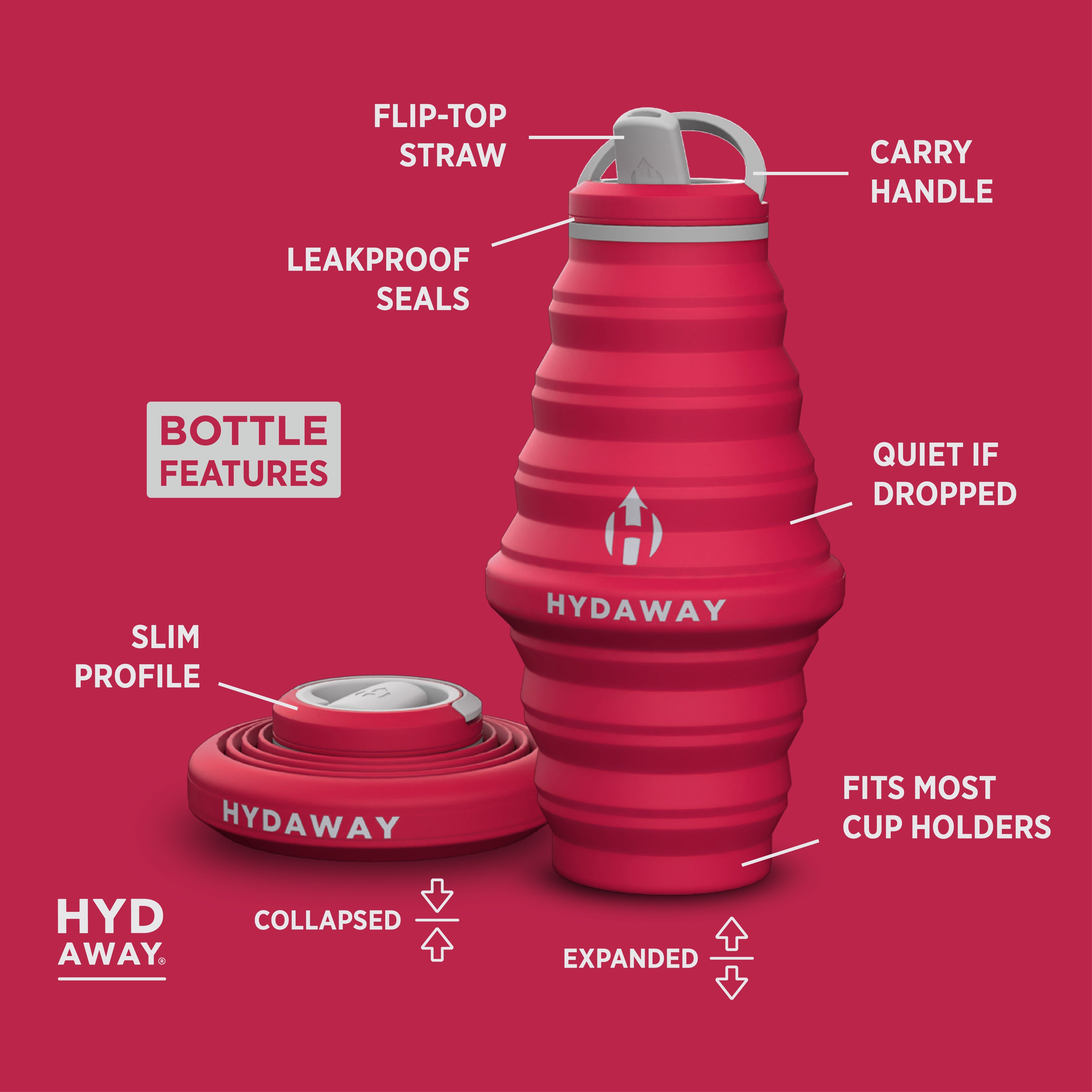 Red collapsible water bottle with features labeled on a red background