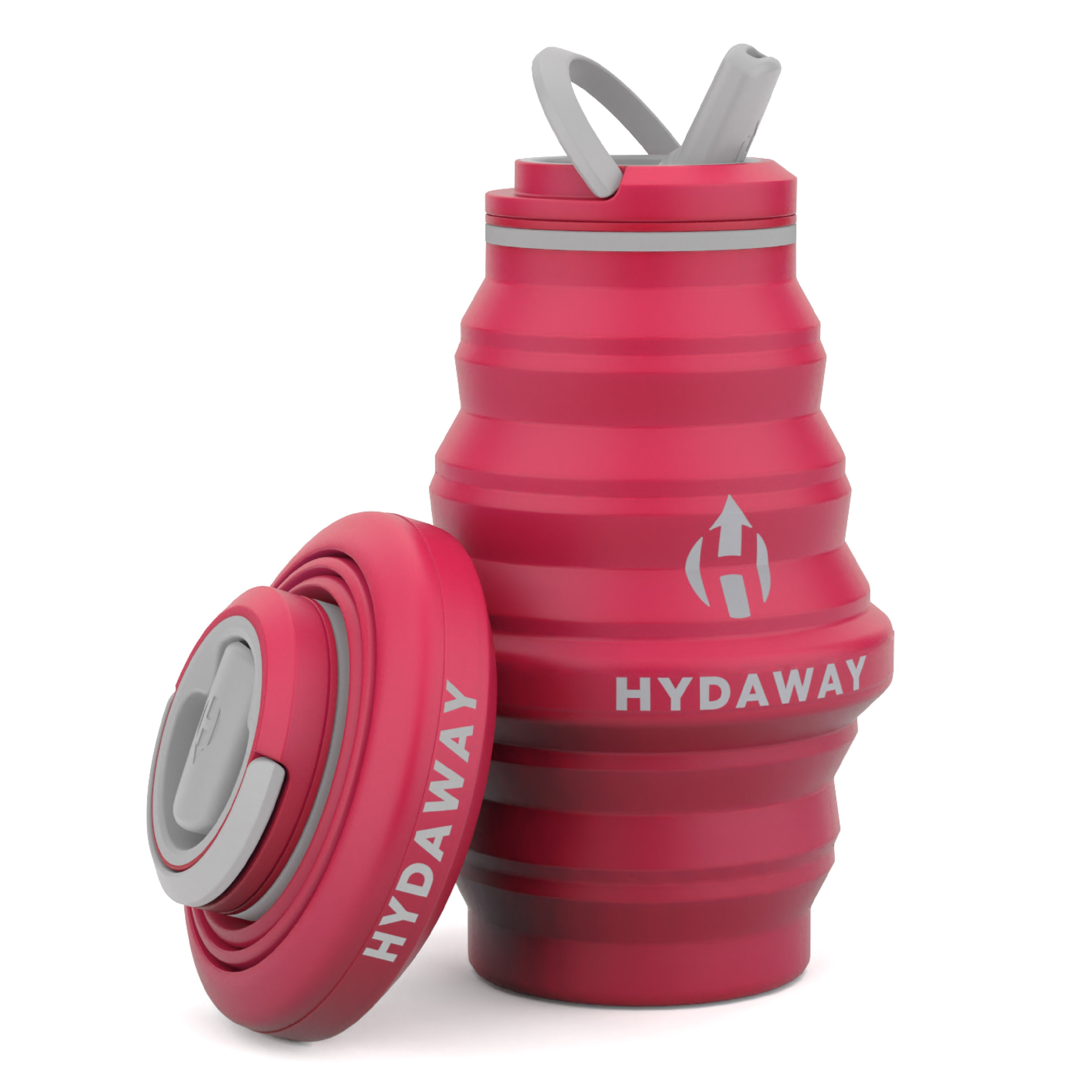 Pink collapsible water bottle with Hydaway branding on a white background