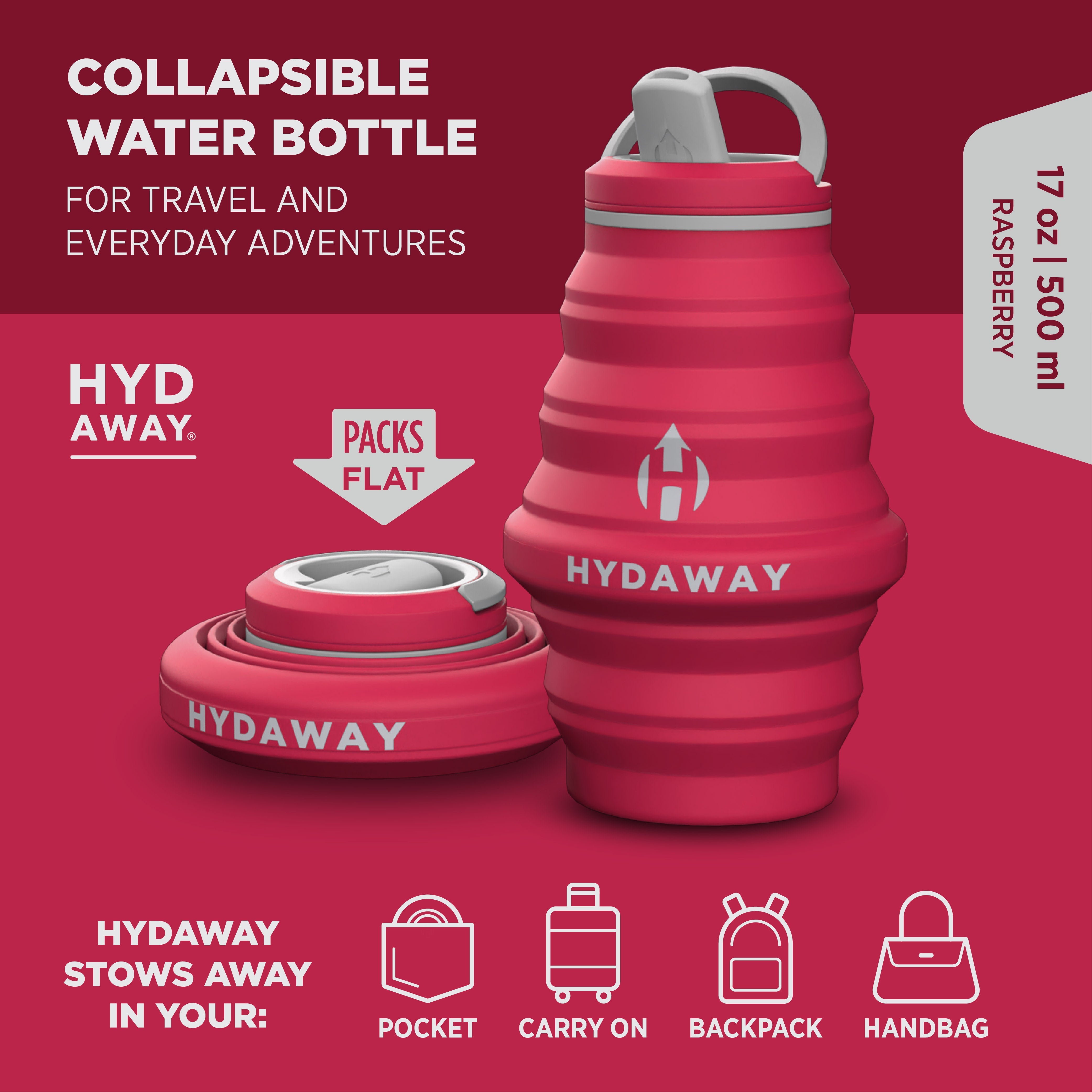 Collapsible water bottle with Hydaway branding on a red background