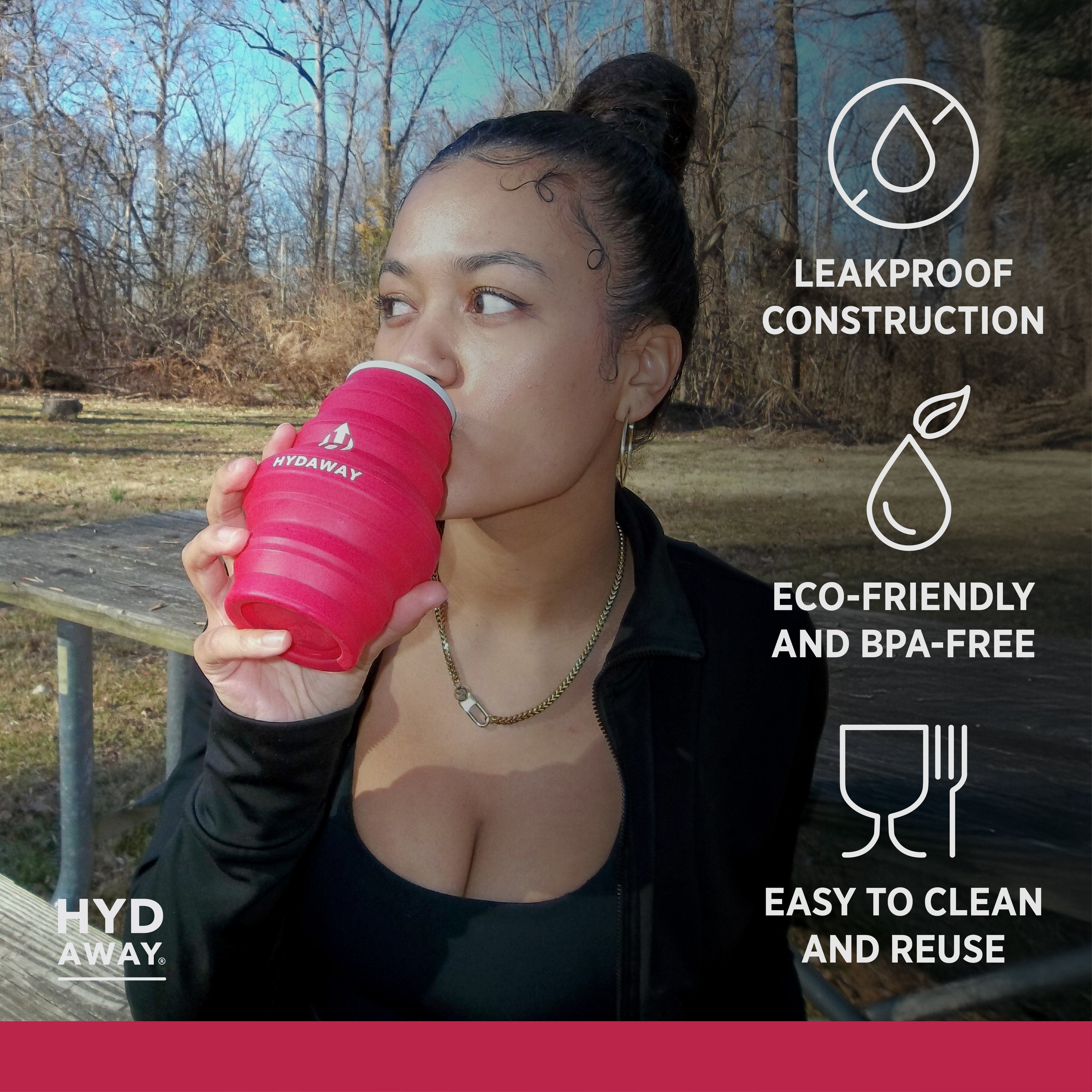 Person drinking from a pink Hydaway water bottle with features listed on the right.