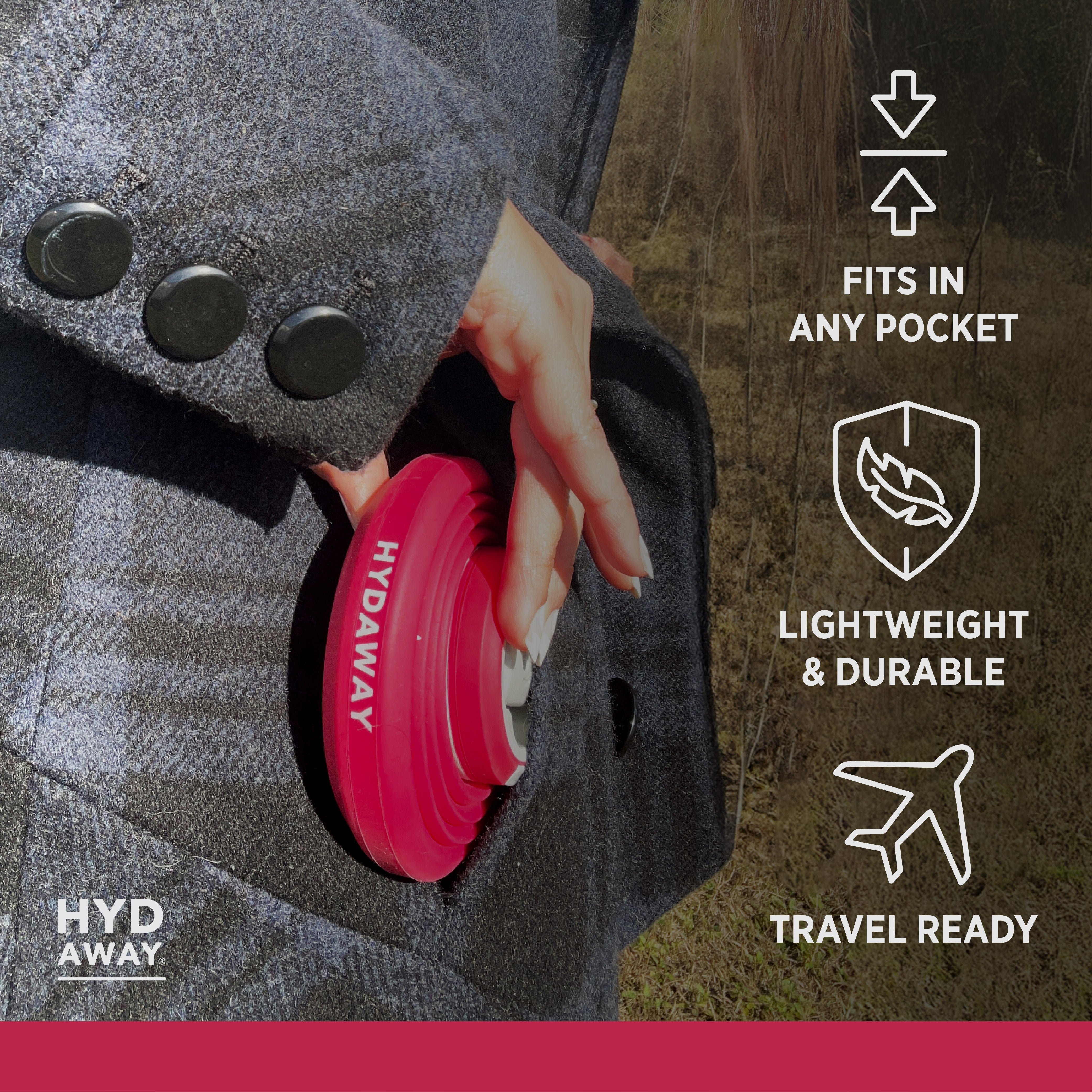 Person holding a pink Hydaway product in a coat pocket with features listed on the right.