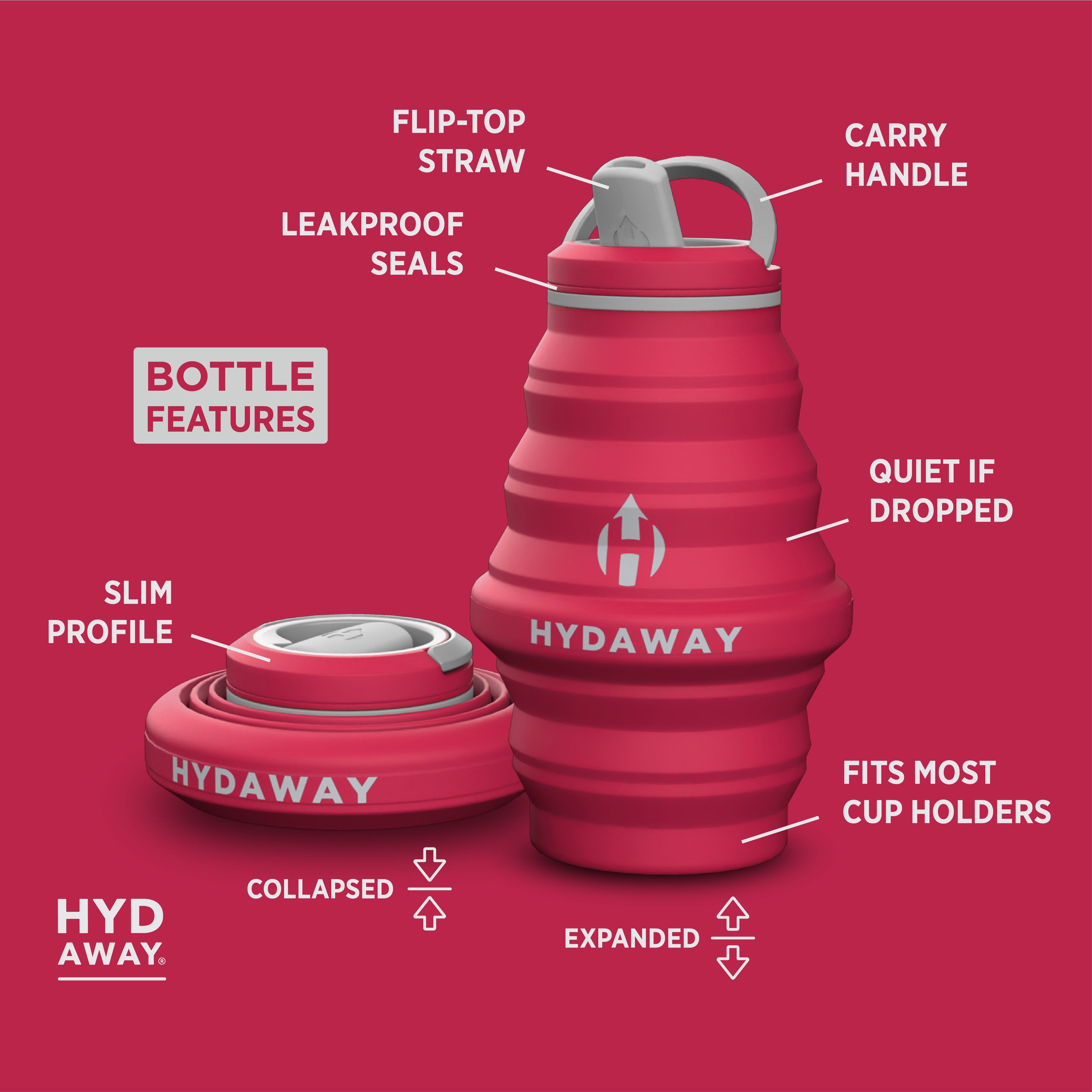 Red Hydaway water bottle with features labeled on a red background