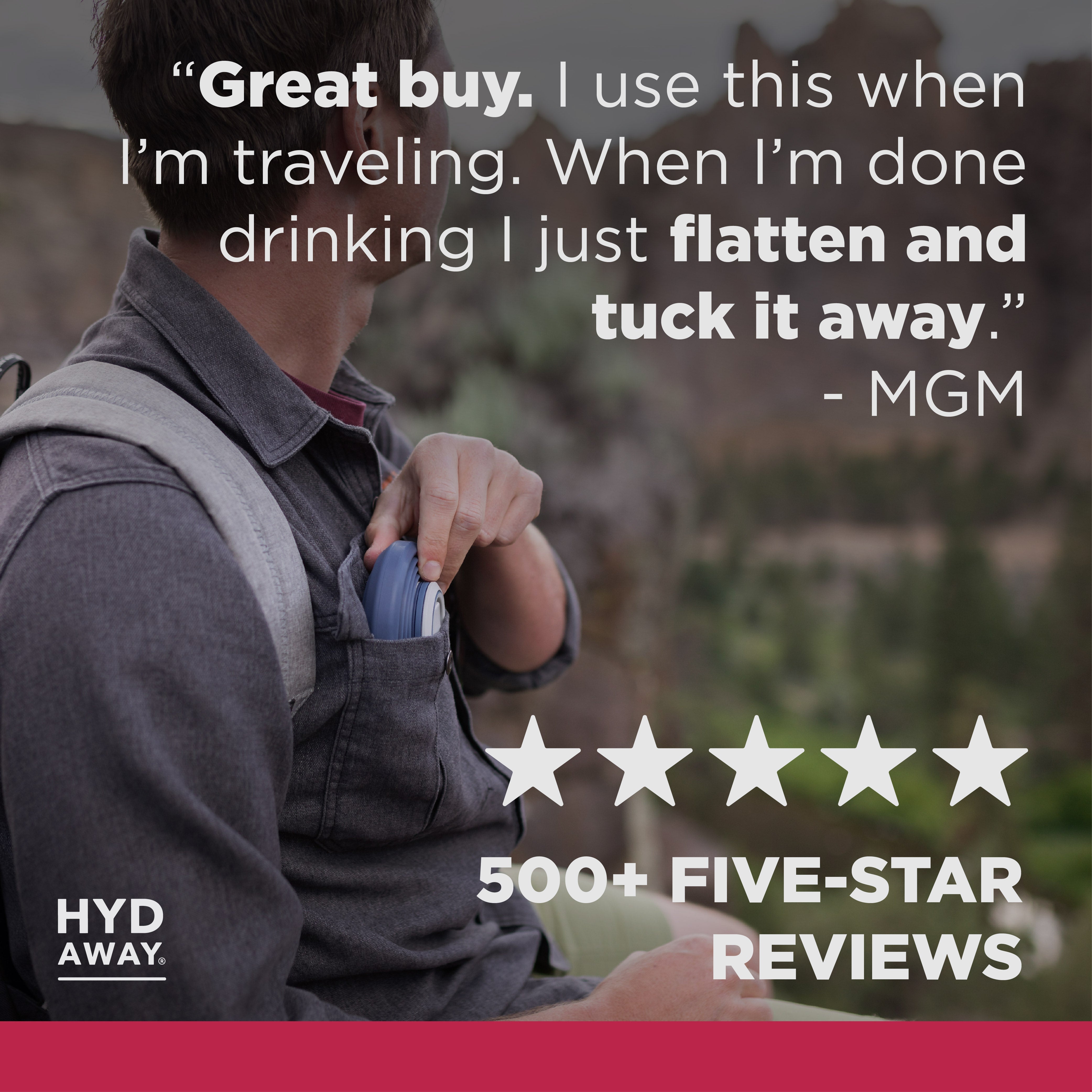 Person holding a water bottle with text about its use and positive reviews, featuring the brand 'Hyd Away'.