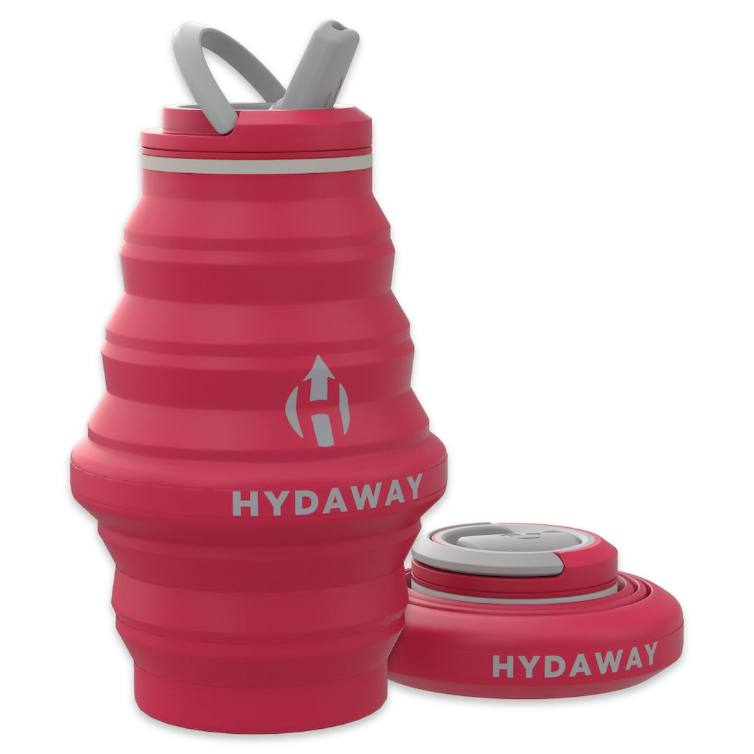 Pink collapsible water bottle with gray accents and 'Hydaway' branding on a white background