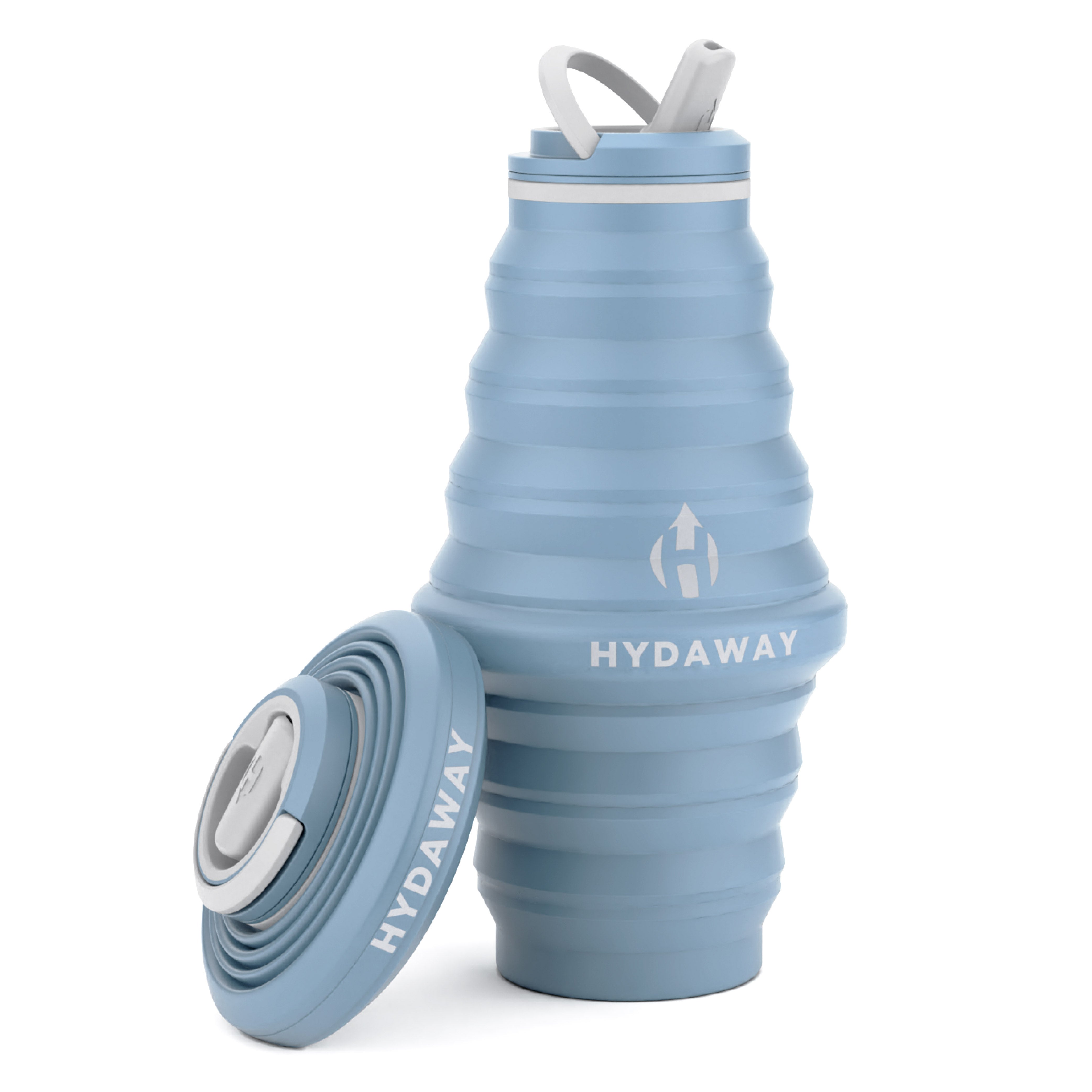 Collapsible water bottle with rolled-up design on a white background, featuring the Hydaway brand.