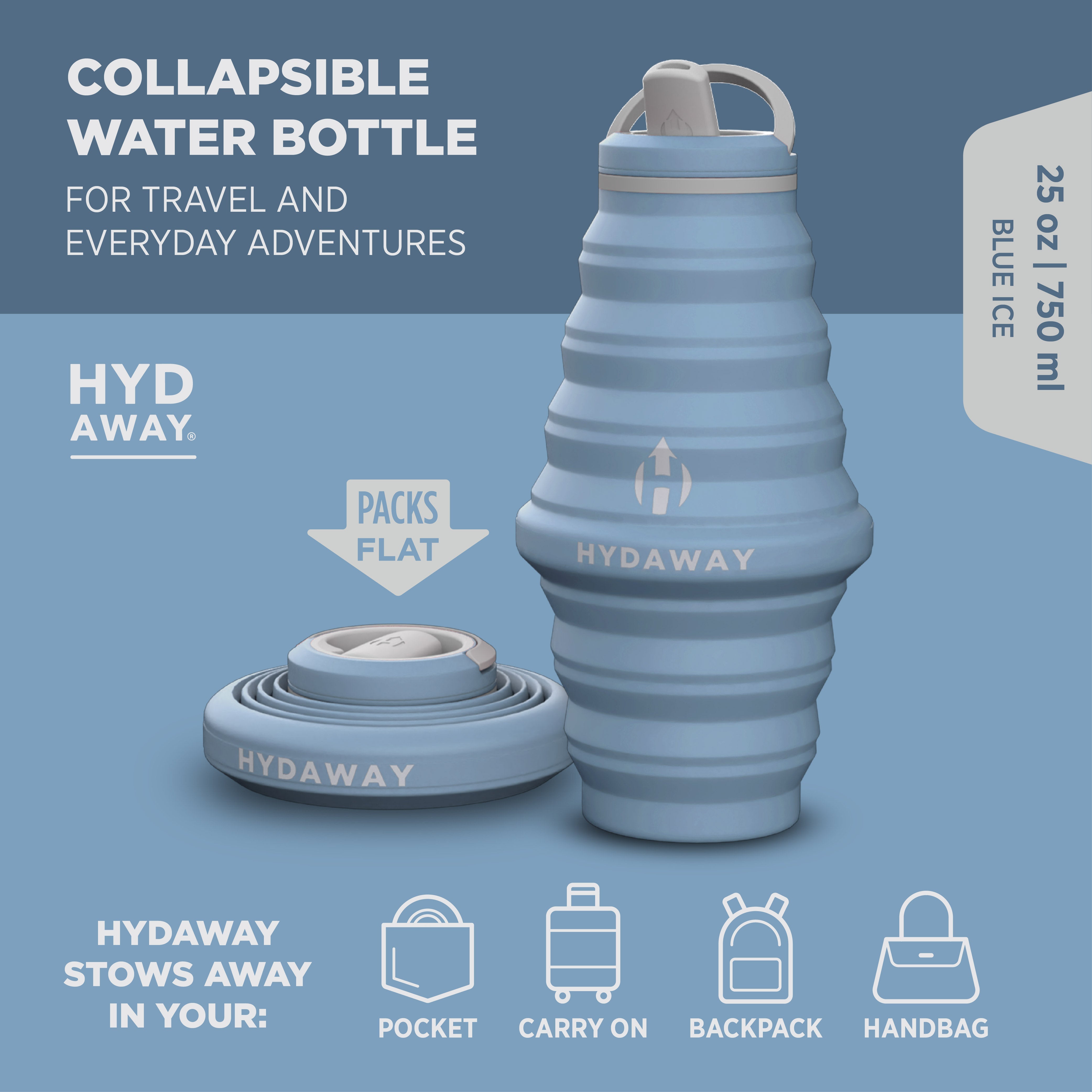 Collapsible water bottle by Hydaway on a blue background