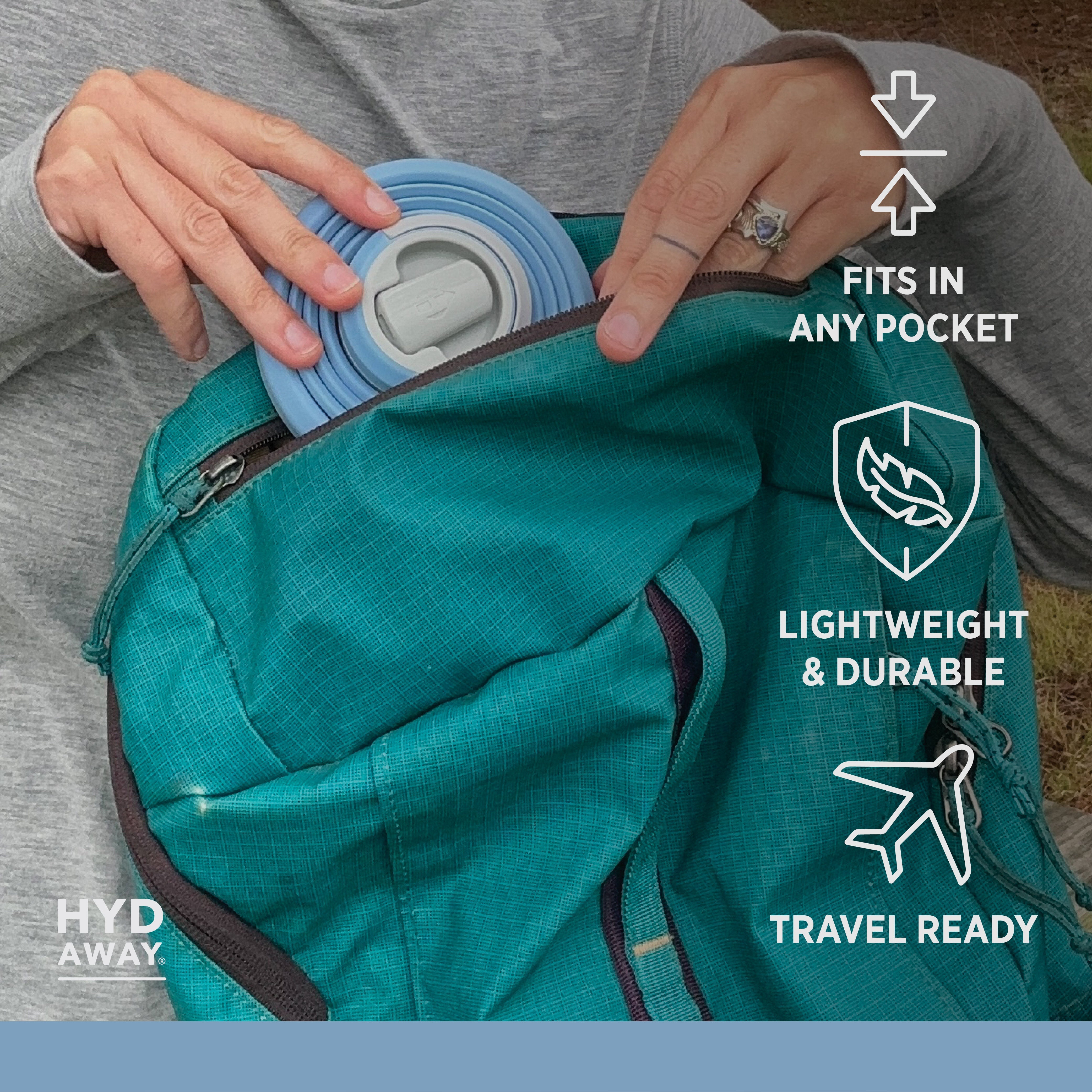 Person placing a blue silicone cup into a teal bag with product features highlighted.