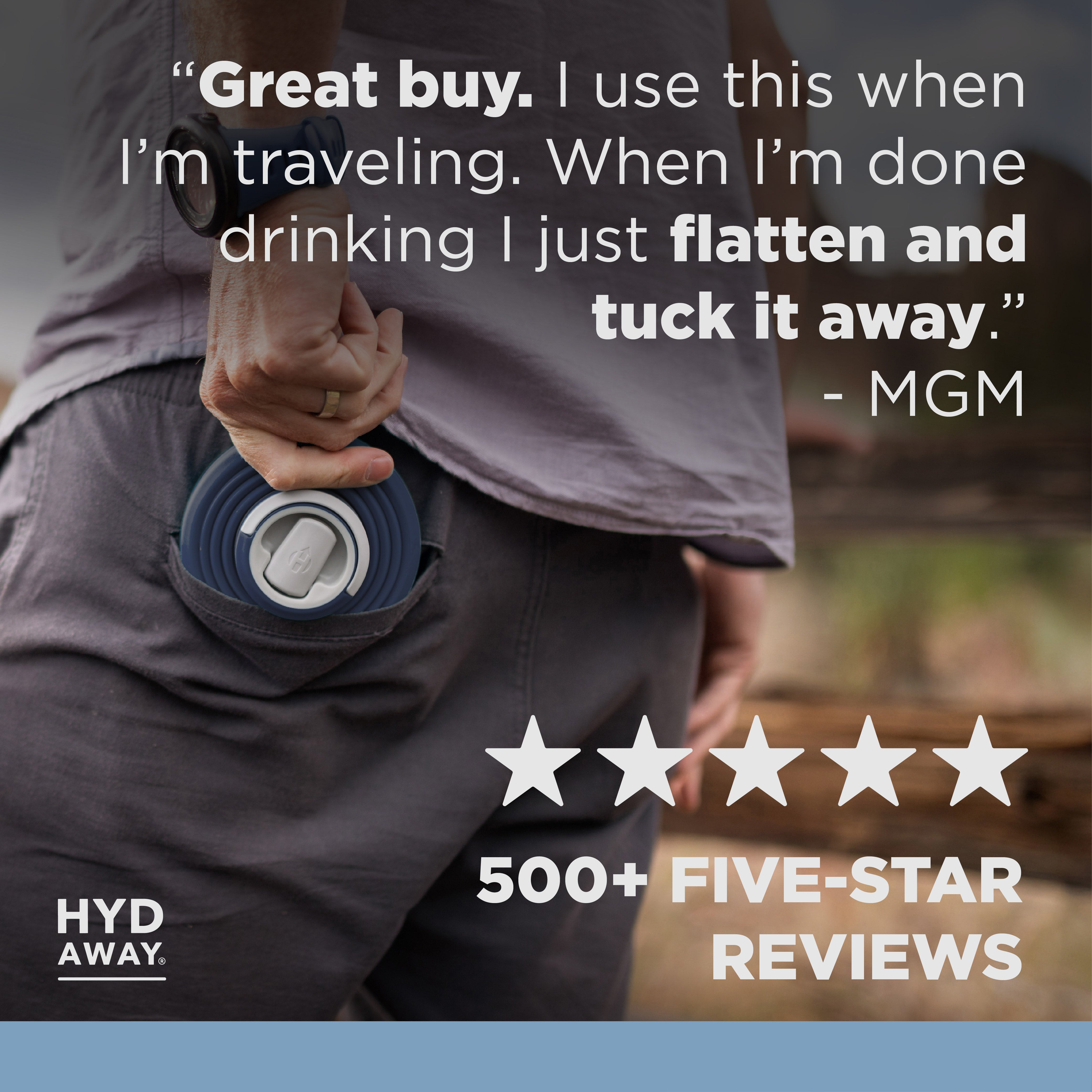Person holding a blueHyd-Away product with text and rating overlay