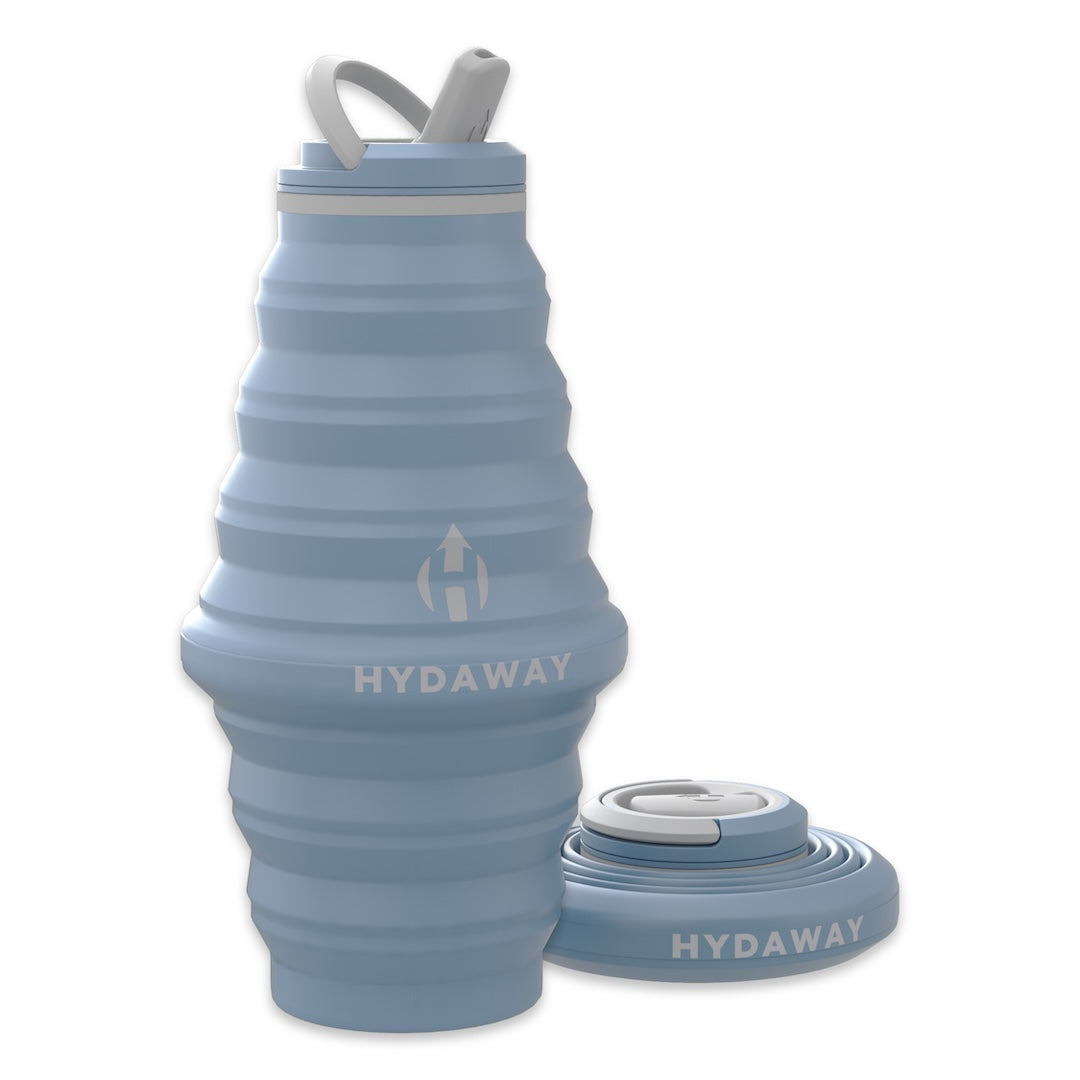Collapsible blue water bottle with Hydaway branding on a white background