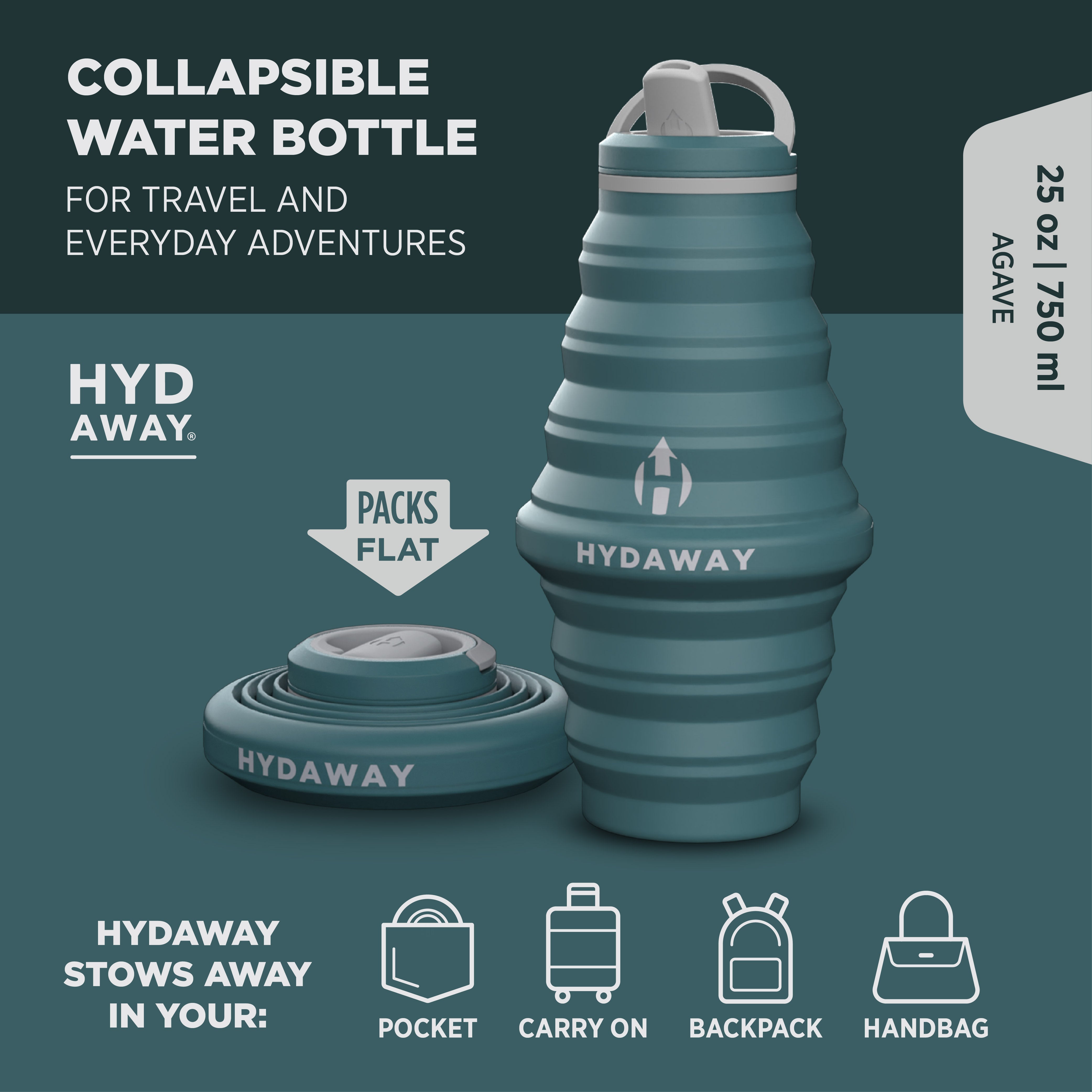 Collapsible water bottle by Hydaway on a green background