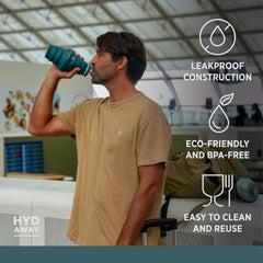 Man drinking from a blue water bottle with product features listed on the right.